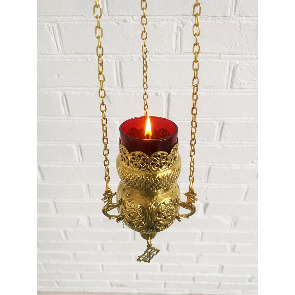 Hanging Orthodox Oil Lamp 5.9 inches, Brass Church Lampada from Greece, Icon Prayer Lamp with Chain, Christian Decor