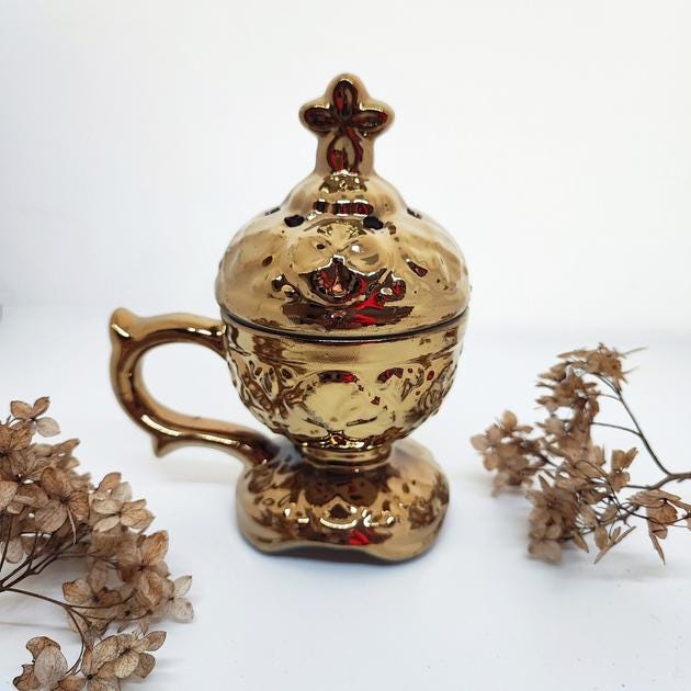 Christian incense set: gold ceramic censer, folding icon, 50 grams of Greek incense, 6 pcs. of coal.