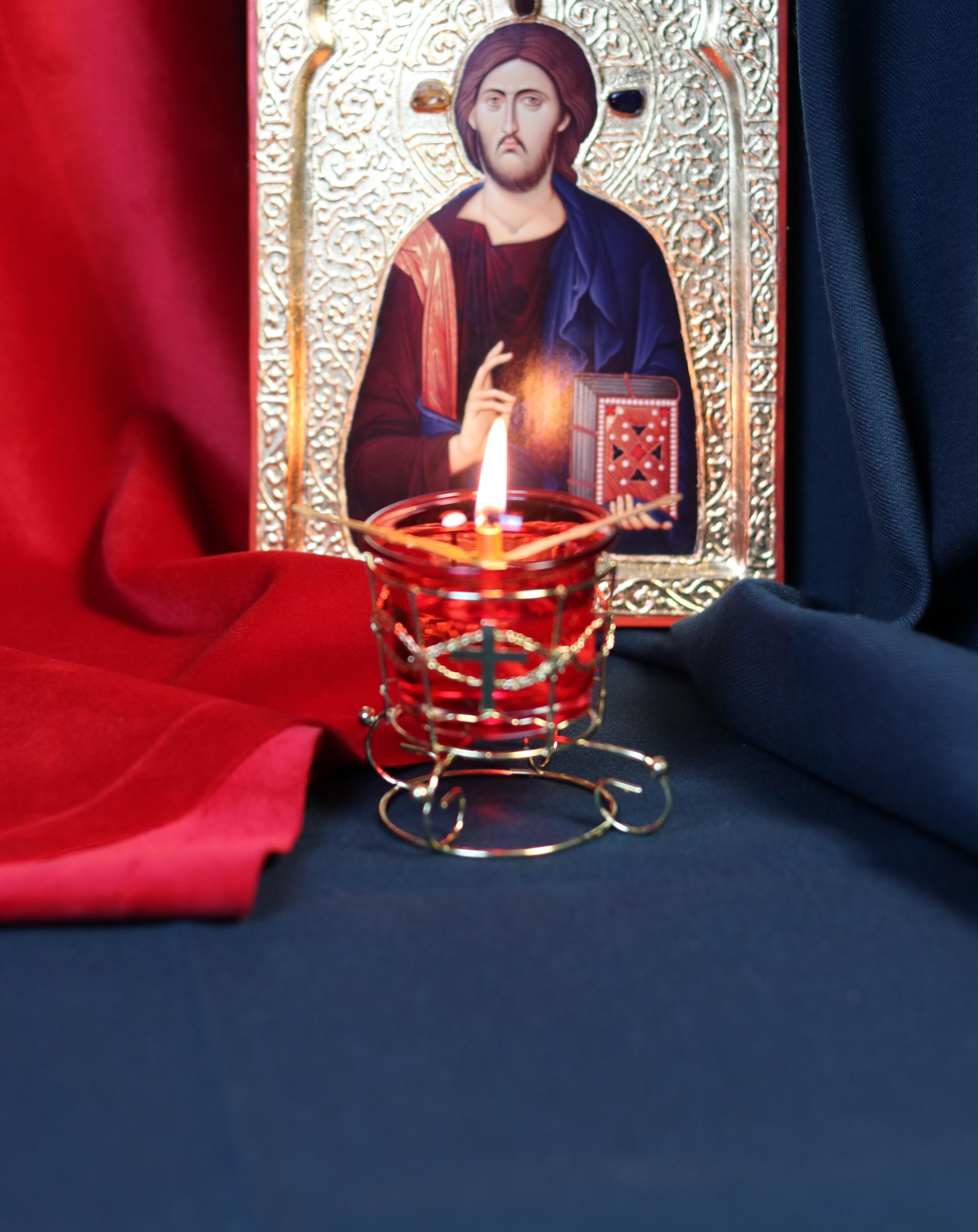 Red Glass Oil Lamp in Metal Stand 2in  – Orthodox Candle Holder for Prayer, Aromatherapy, Altar Decor, Christian Gift, Orthodox prayer