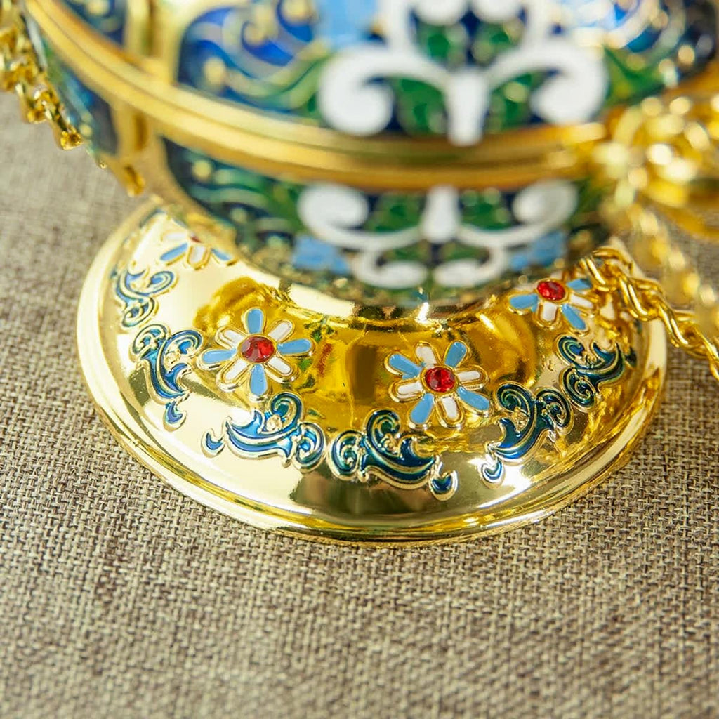 Orthodox Hanging Censer 25.6in | Brass Church Incense Burner with Bells | Enamel Design in Blue or Pink