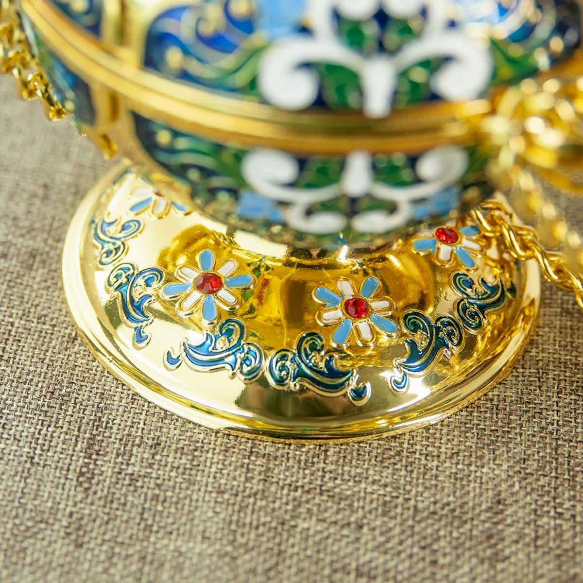 Orthodox Hanging Censer 25.6in | Brass Church Incense Burner with Bells | Enamel Design in Blue or Pink