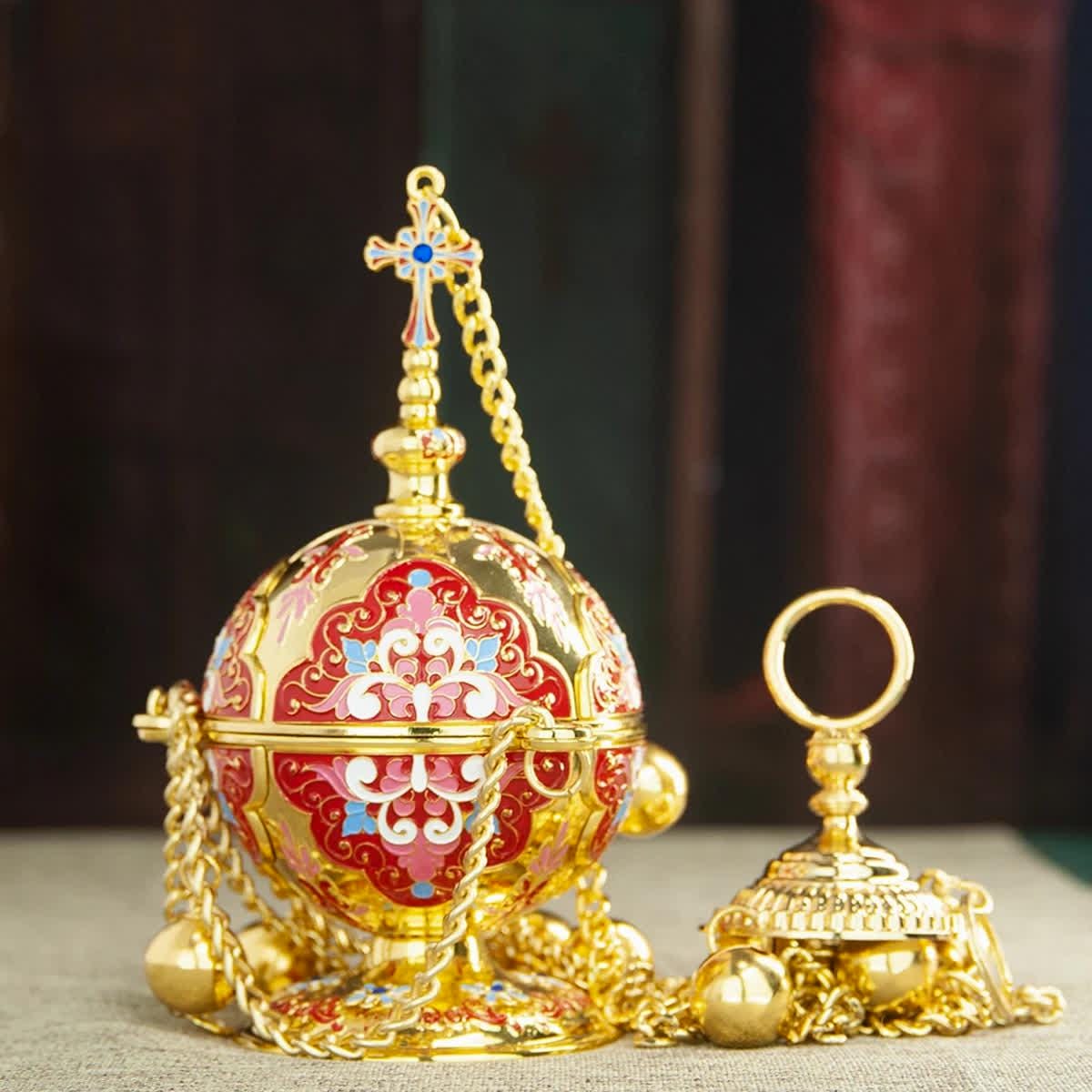 Orthodox Hanging Censer 25.6in | Brass Church Incense Burner with Bells | Enamel Design in Blue or Pink