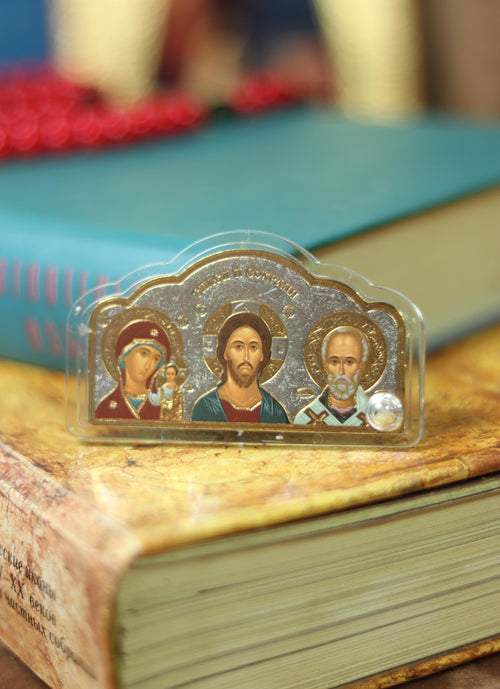 Car Icon Triptych — Acrylic Orthodox Icon of Jesus Christ, Virgin Mary & Saint Nicholas, Dashboard Religious Protection Gift