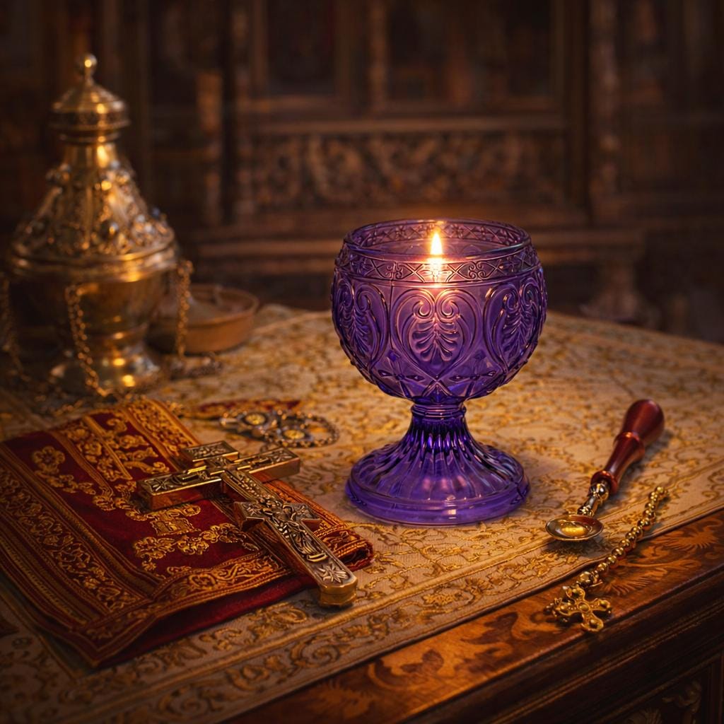 Orthodox Purple Glass Oil Lamp 3.9x2.6 in, Prayer Church Candle Holder
