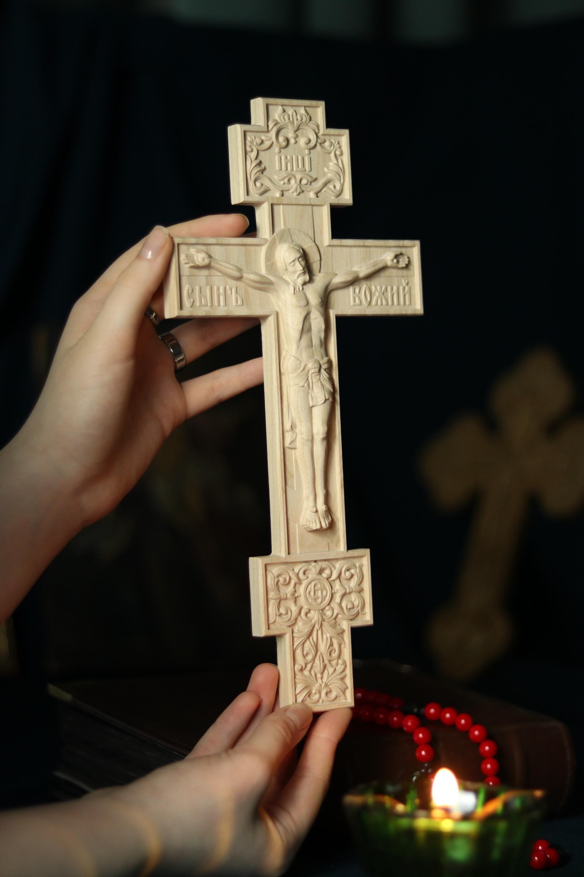 11.8in Beech Wood Church Cross, Wooden Crucifix Jesus Christ, Orthodox Cross, Christian Wall Cross, Prayer Corner Decor