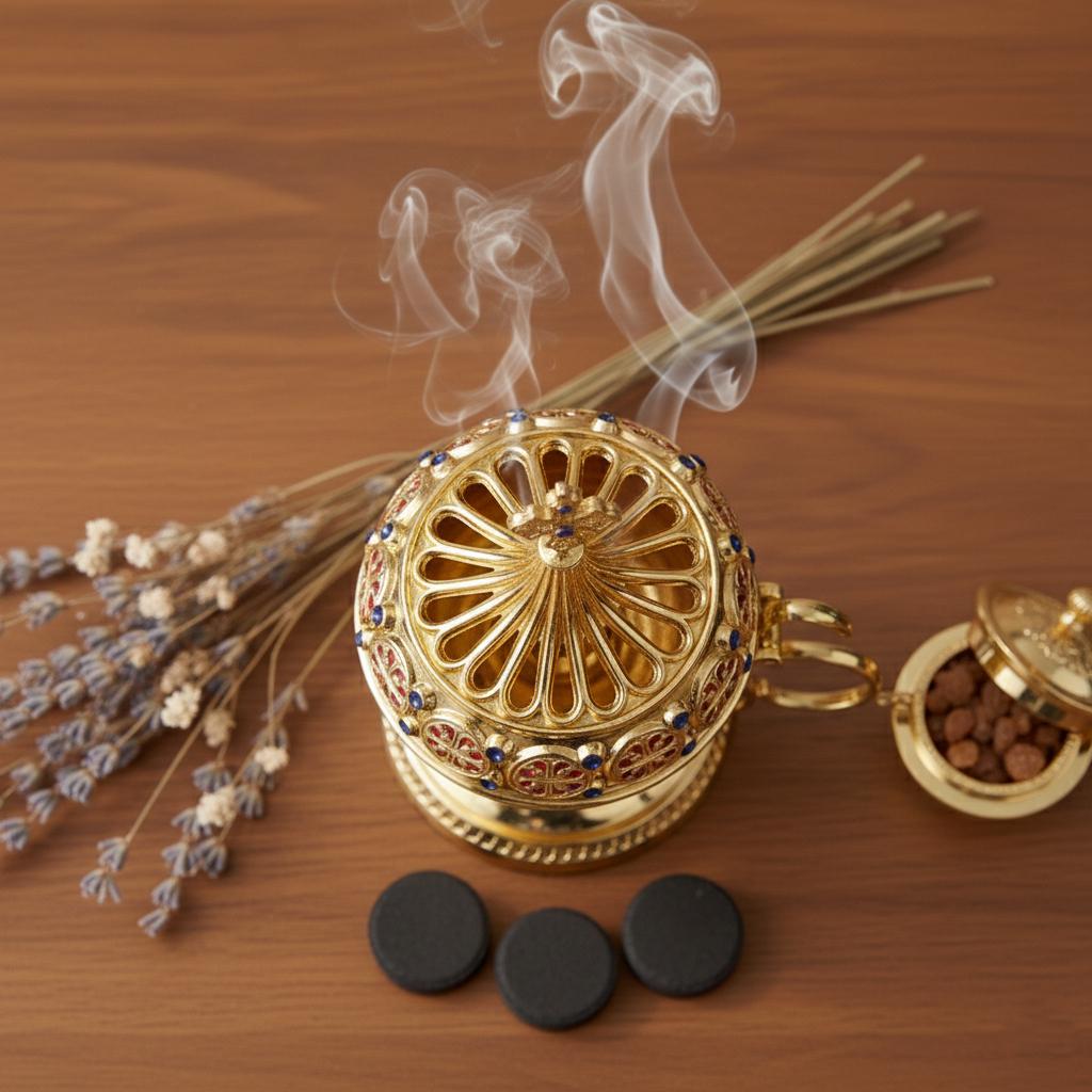 Christian incense set: censer, 50 grams of Greek incense and 6 tablets of charcoal.