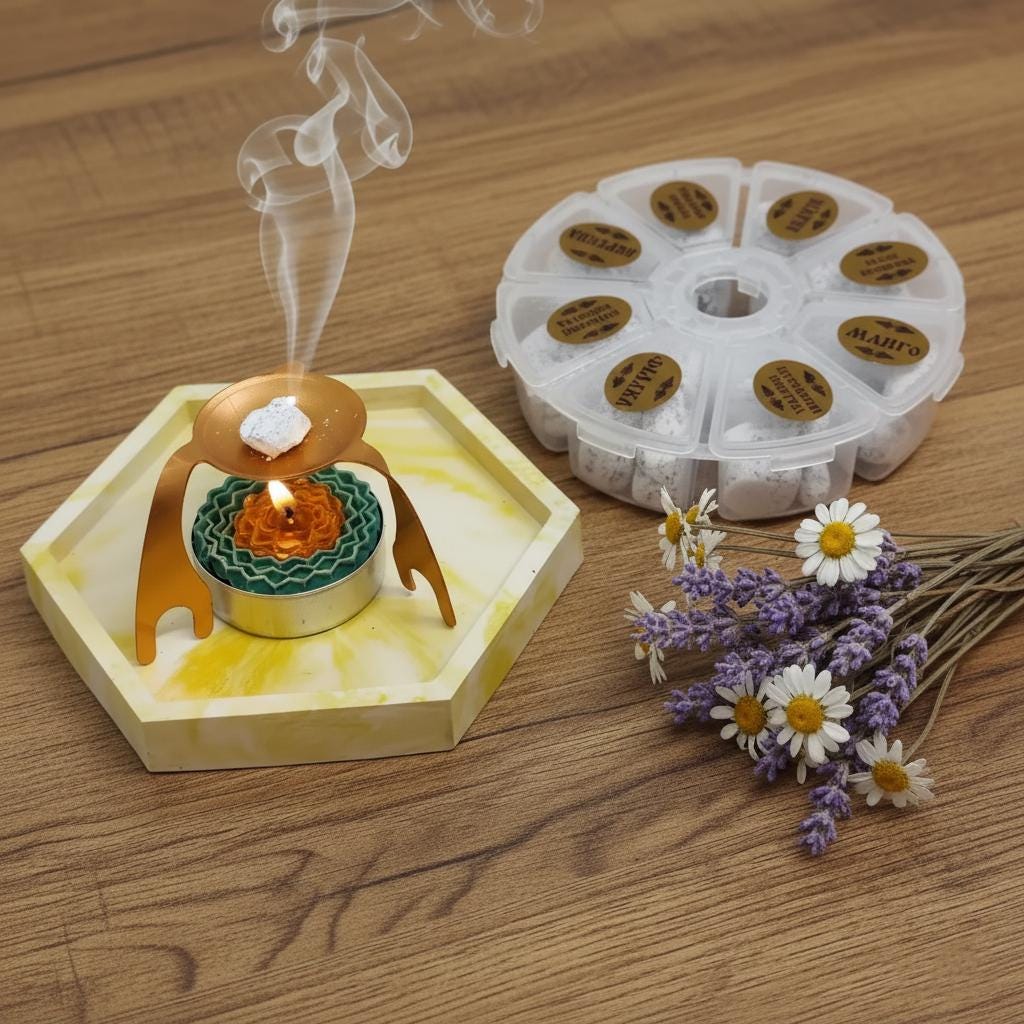 Orthodox Daily Prayer Set – 8 Types of Athonite Incense, Decorative Plaster Tray 4", Wax Candle, and Metal Spider Stand