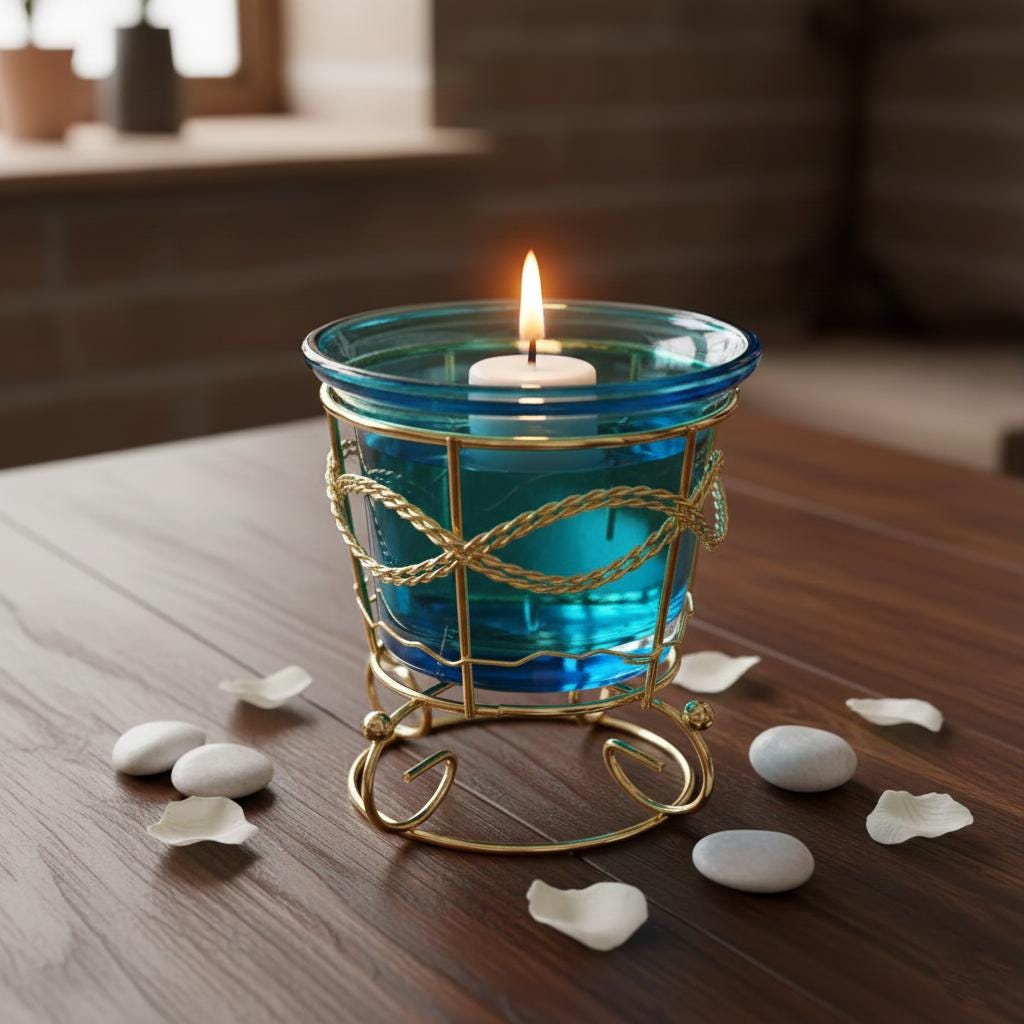 Blue Glass Oil Lamp in Metal Stand  – Orthodox Candle Holder for Prayer
