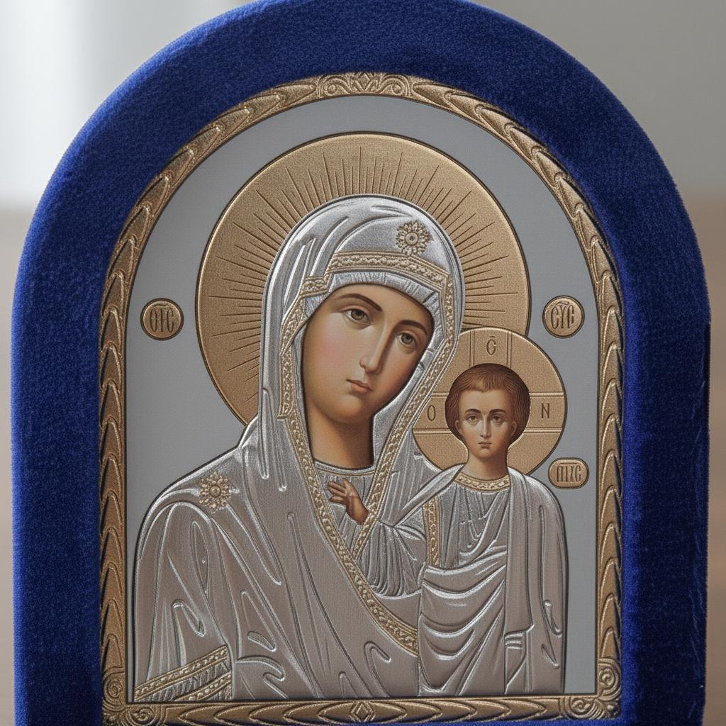 Blue Velvet Orthodox Folding Icon 8.7x5.1 in, Virgin Mary and Jesus Christ Diptych, Home Altar Decor, Religious Gift