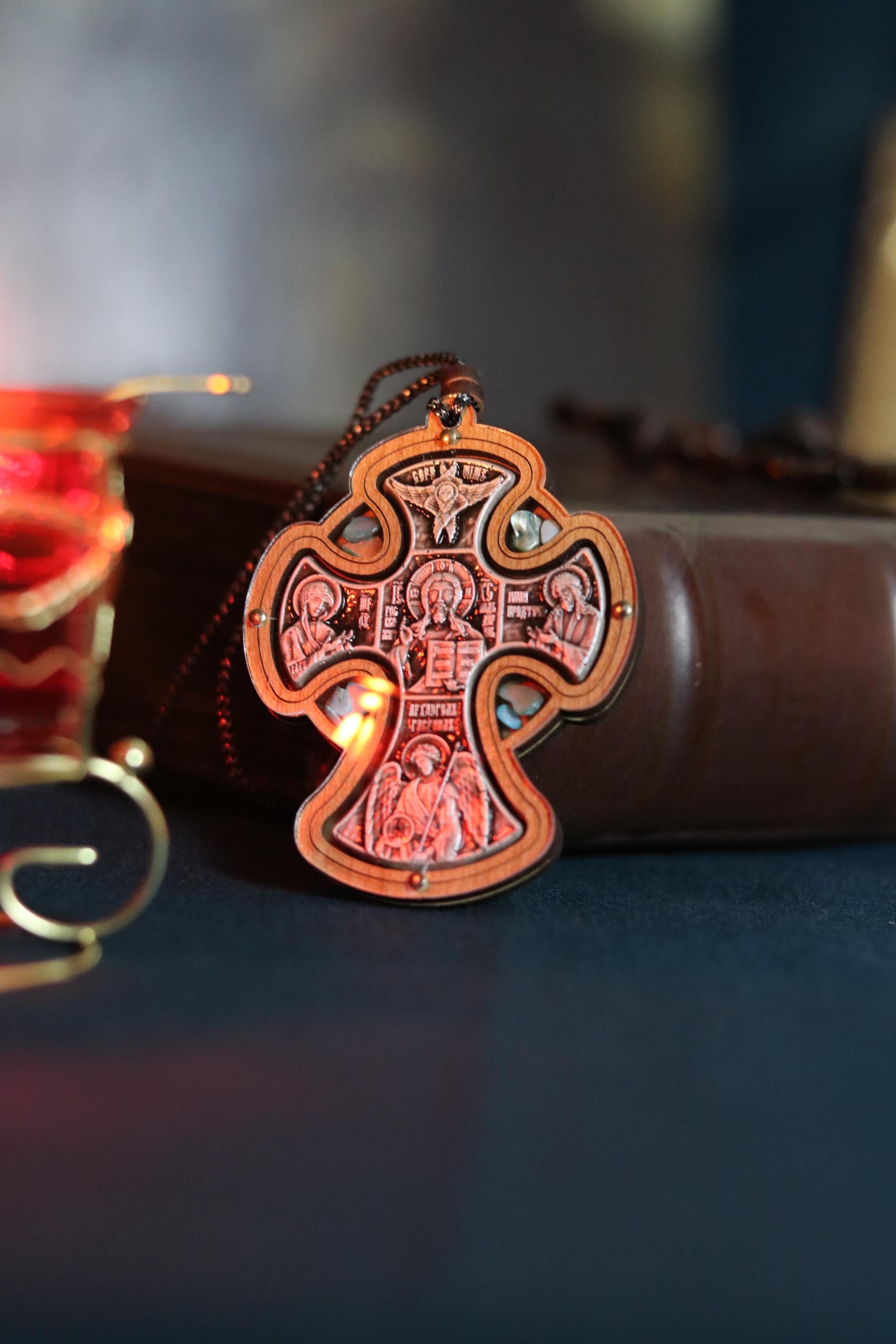 Wooden Orthodox Cross Pendant 3in, Christian Crucifix Necklace, Prayer Cross, Jesus Icon Cross