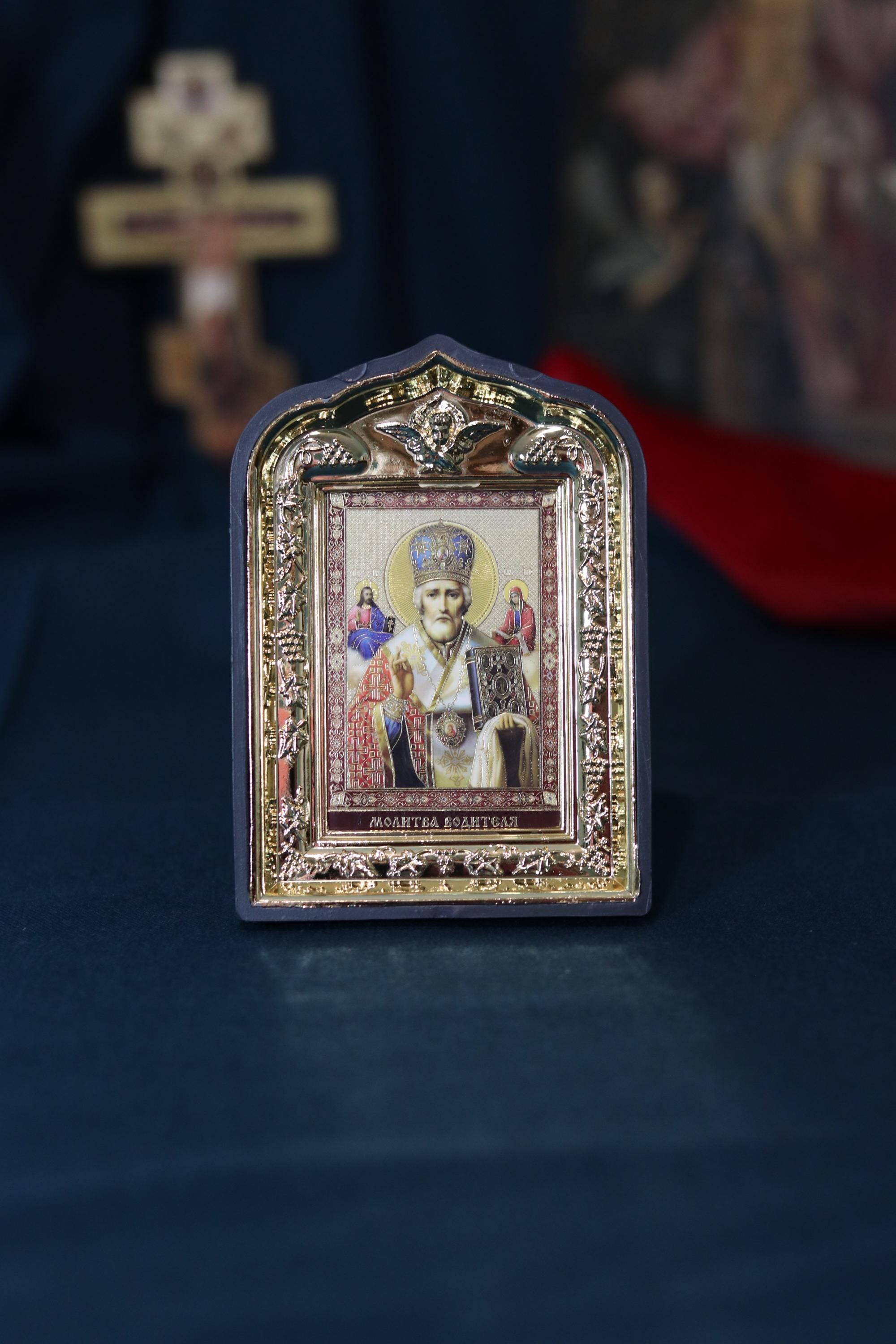 Icon in frame Nicholas the Wonderworker Myra, Icon with decoration, Orthodox icon, Lithography icon, Icon 10x14