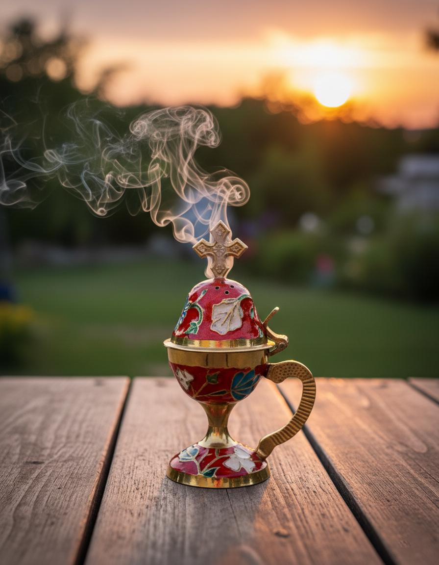 Incense burning set: metal enamel censer 5.9 in, 50 grams of Greek incense, 6 coals 24 mm.