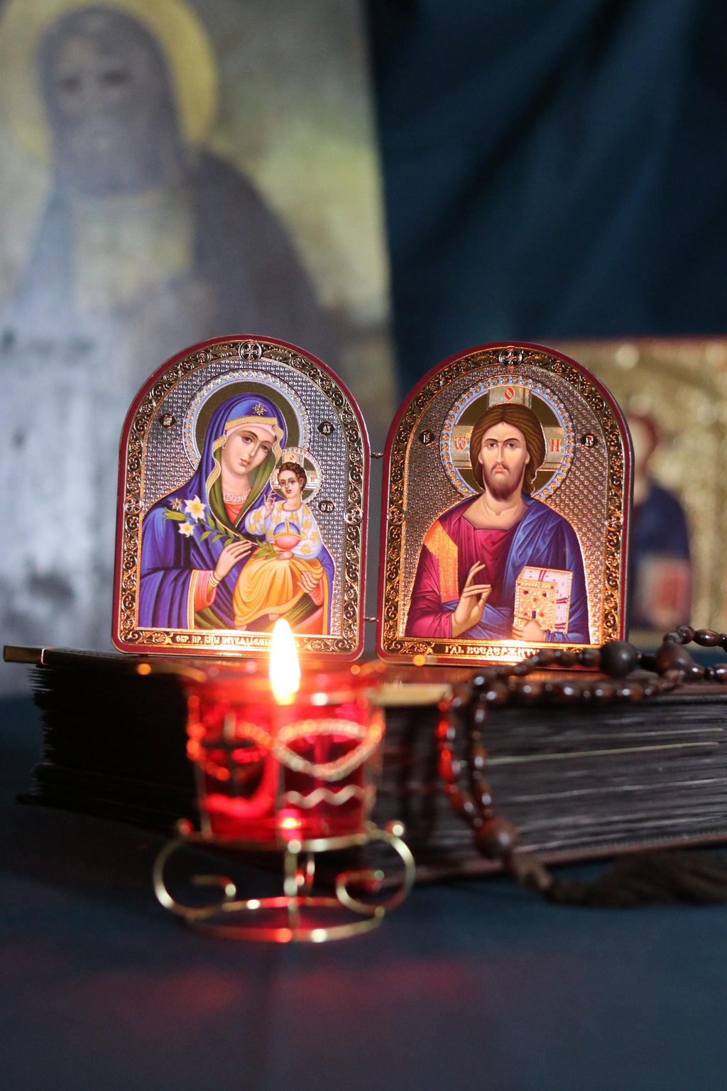 Wooden Folding Icon 4.3in, Orthodox Diptych, Virgin Mary Icon, Jesus Christ Icon, Christian Gift, Prayer Corner Decor