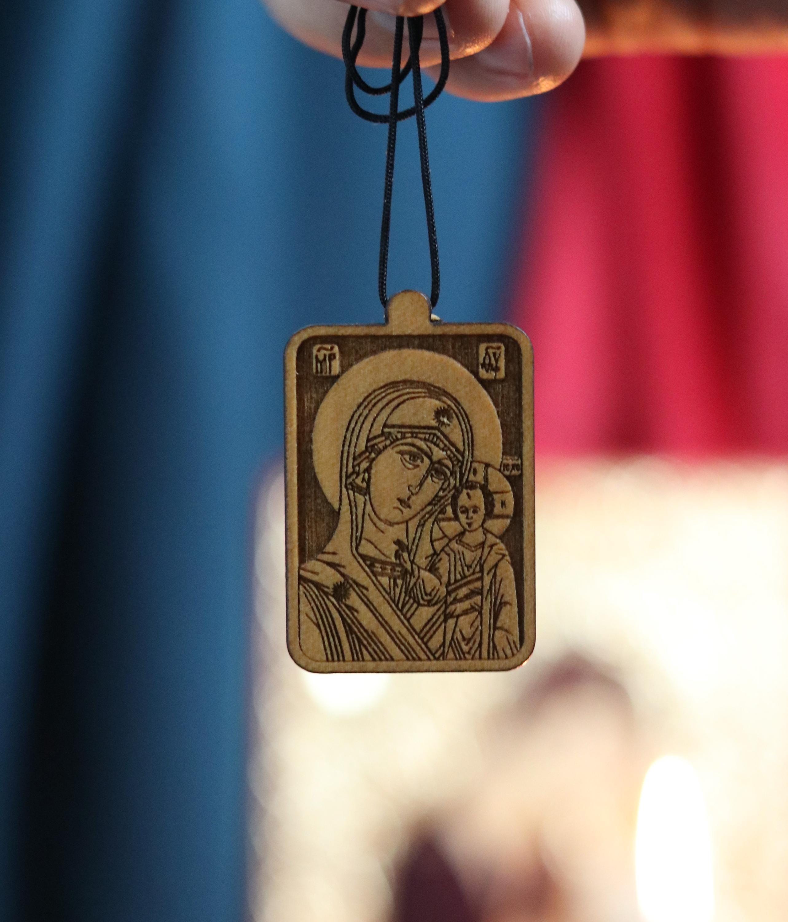 Orthodox Wooden Pendant – Icon of Theotokos with Christ – Burned Wood Necklace – Blessed Christian Medal, Crucifixes crosses, Wood cross