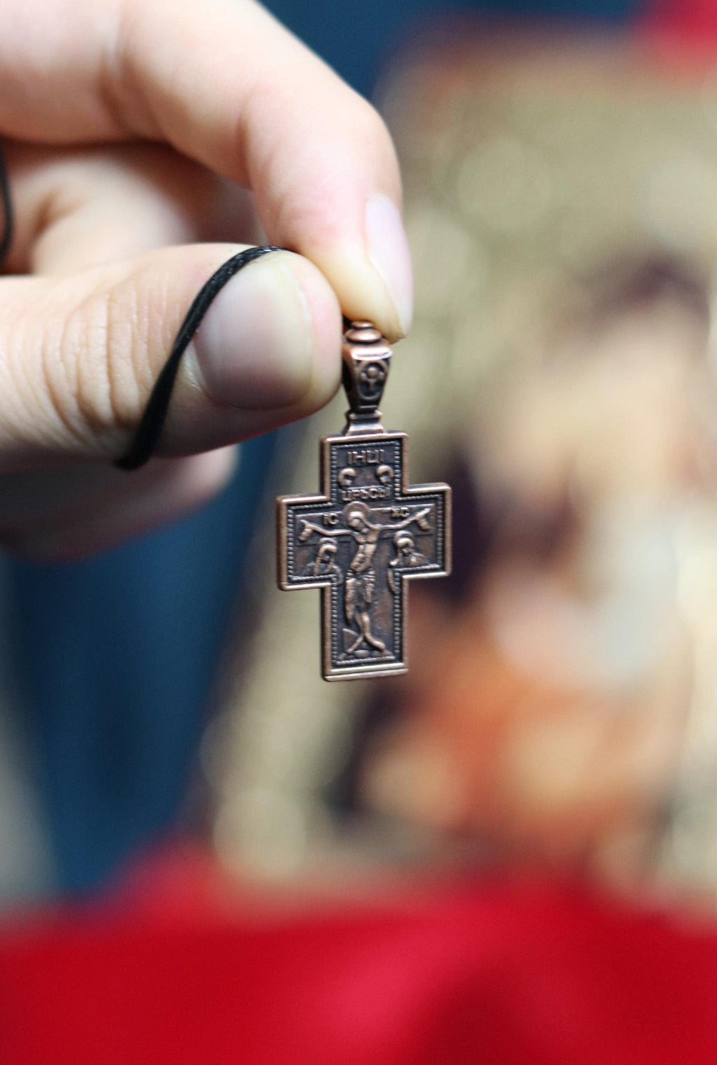 Orthodox Crucifix Necklace – Bronze Cross with Jesus – Back Virgin Mary “The Sign” – 0.7x1 in Pendant, Orthodox cross, Christian jewelry