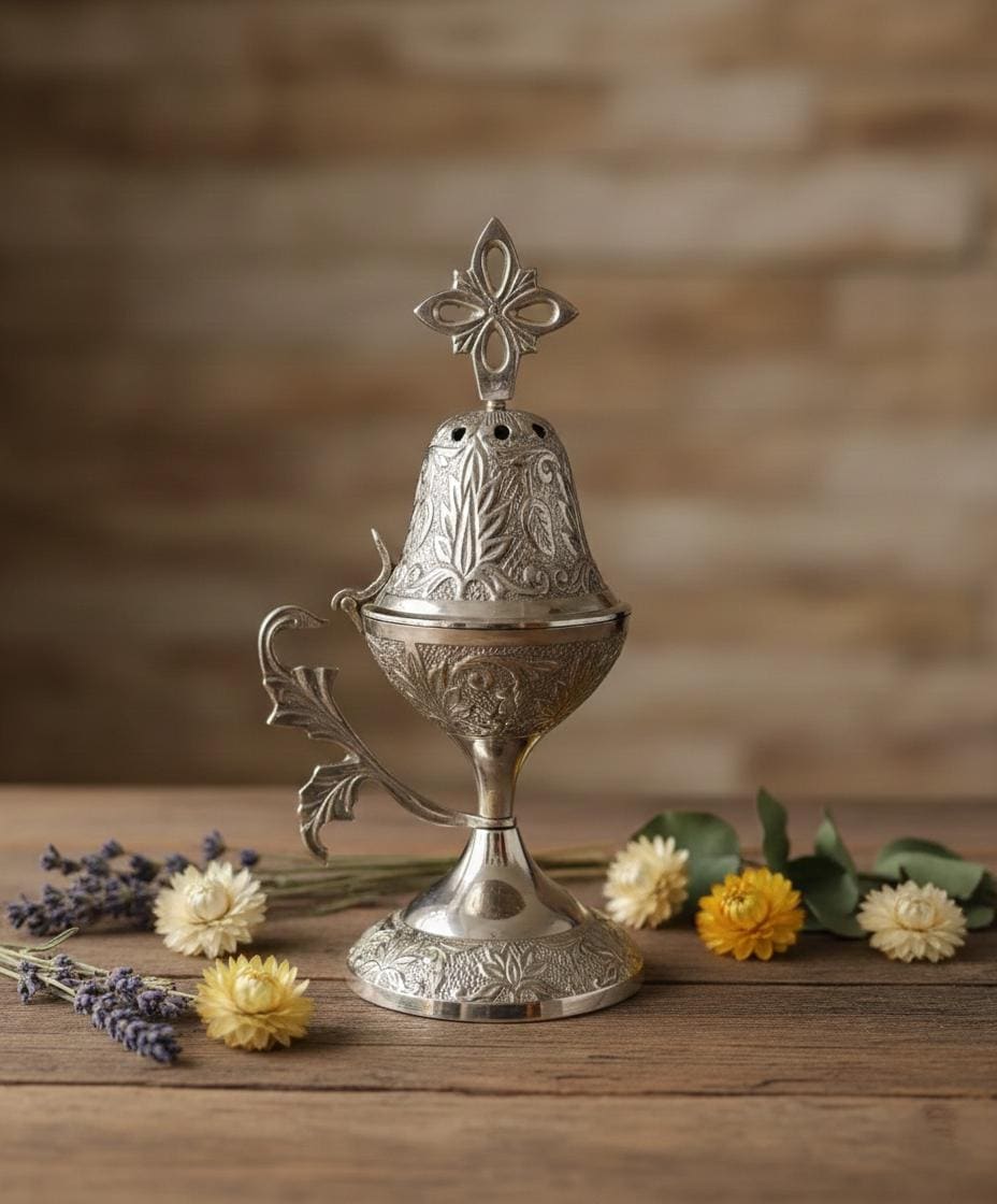 Silver Tone Orthodox Incense Burner 8in, Tall Greek Home Censer, Engraved Metal Censer, Byzantine Censer, Prayer Tool