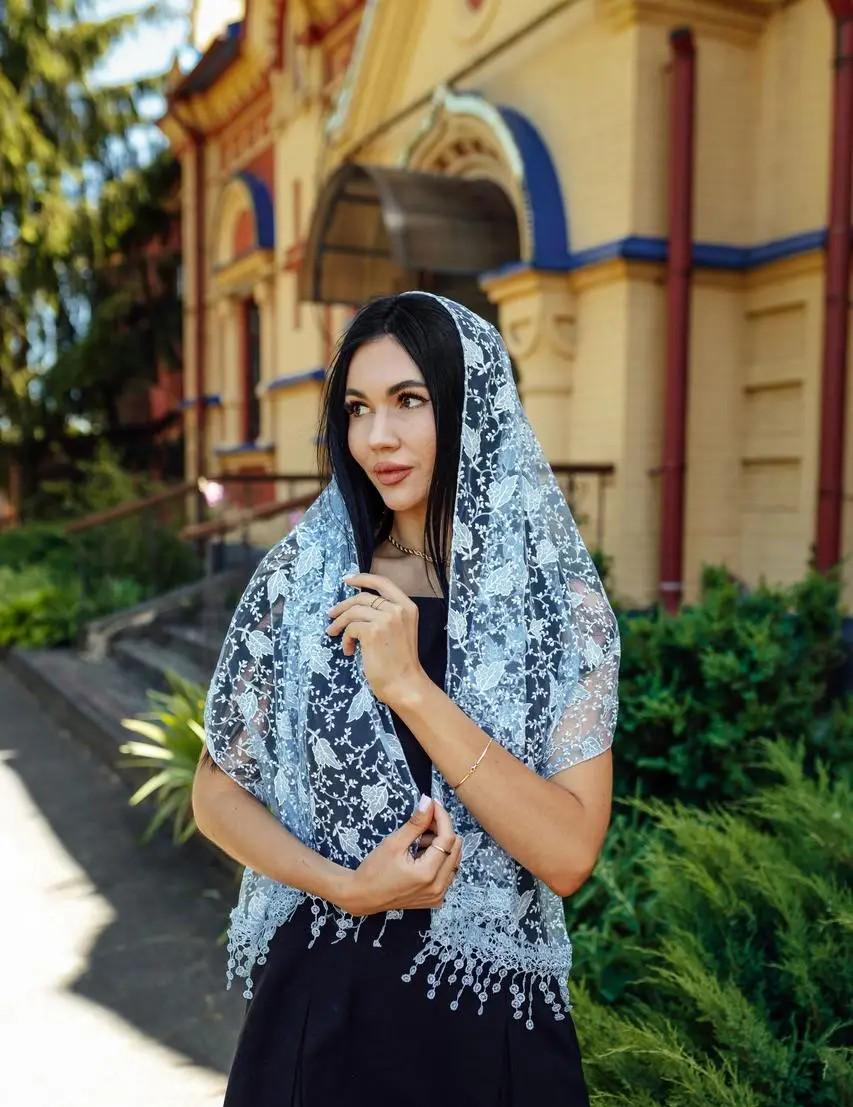 Blue Chiffon Women Scarf 61x20 Inch, Floral Lightweight Shawl, Elegant Summer Scarf