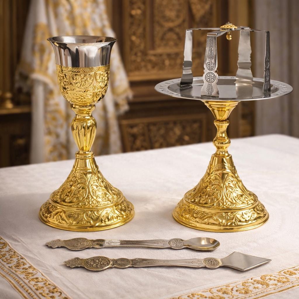 Brass Silumin Eucharist Set 300ml Chalice Diskos Set, Orthodox Communion Set, Spoon Spear Set
