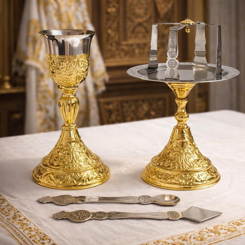 Brass Silumin Eucharist Set 300ml Chalice Diskos Set, Orthodox Communion Set, Spoon Spear Set