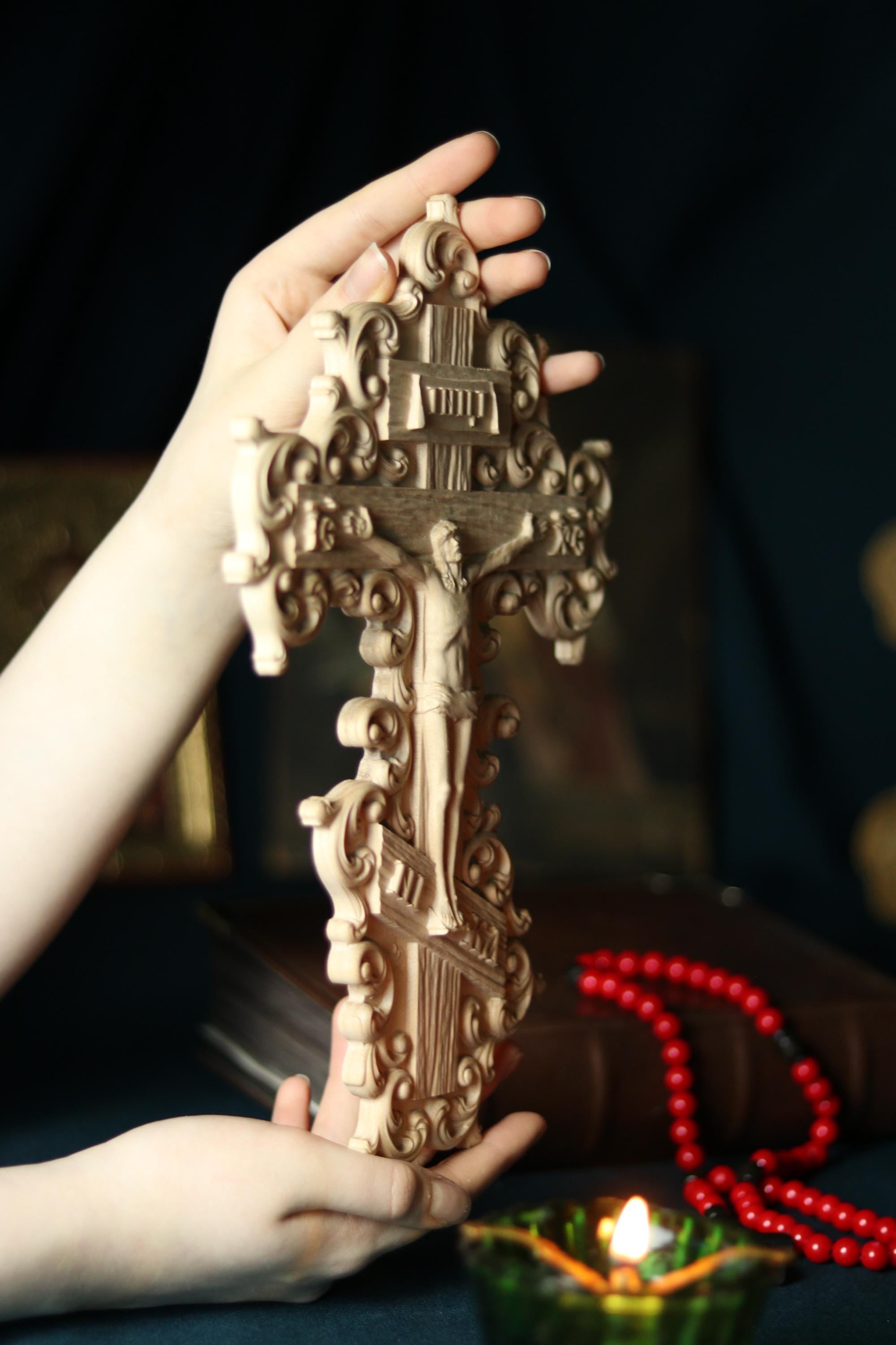 12in Beech Wood Crucifix, Hand Carved Wooden Cross, Cross of Lord Jesus Christ, Christian Cross, Orthodox Cross, Wall Cross