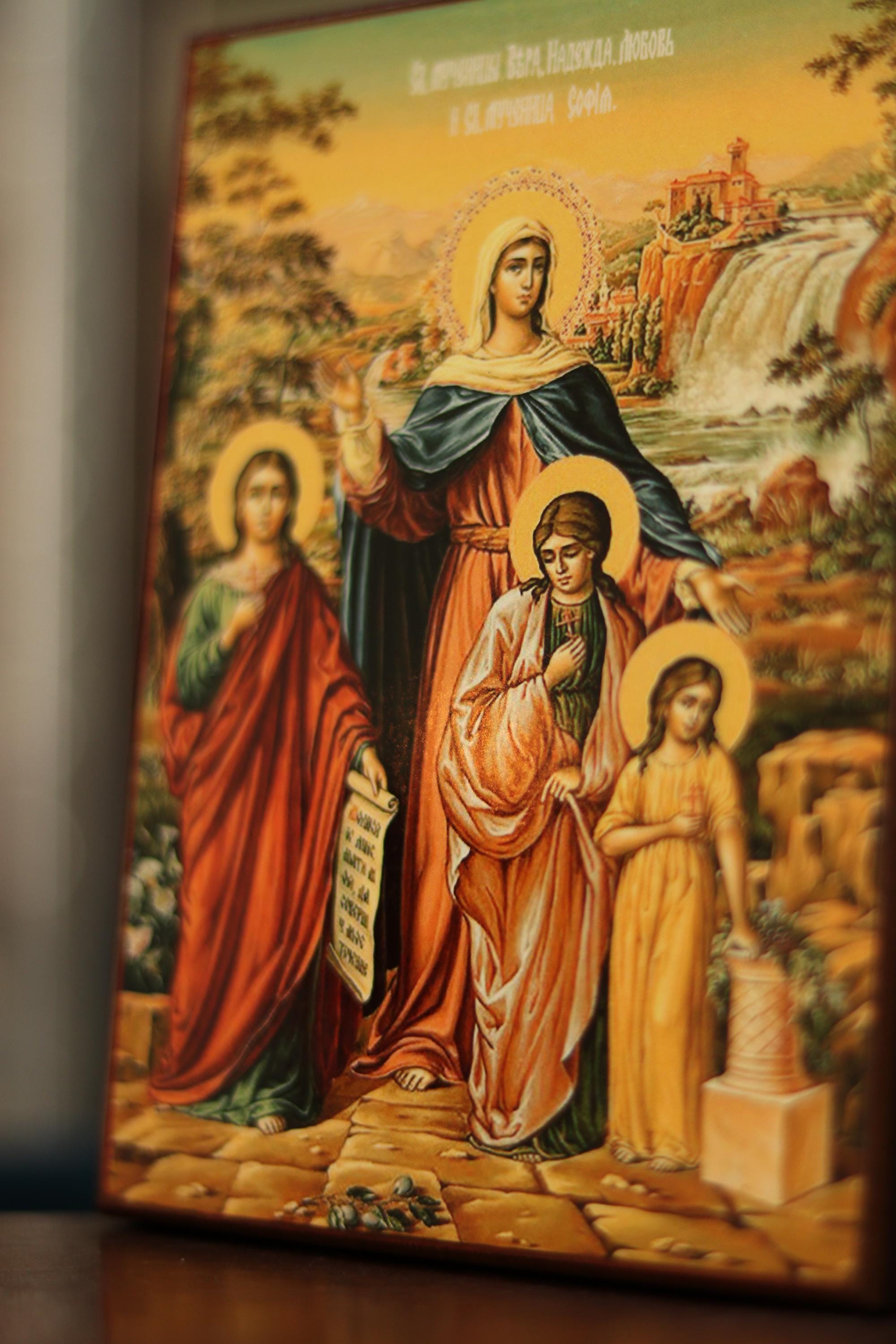 Saints Mother Sophia with Faith, Hope and Charity (Love) Icon Orthodox Wooden Plaque 6.3in