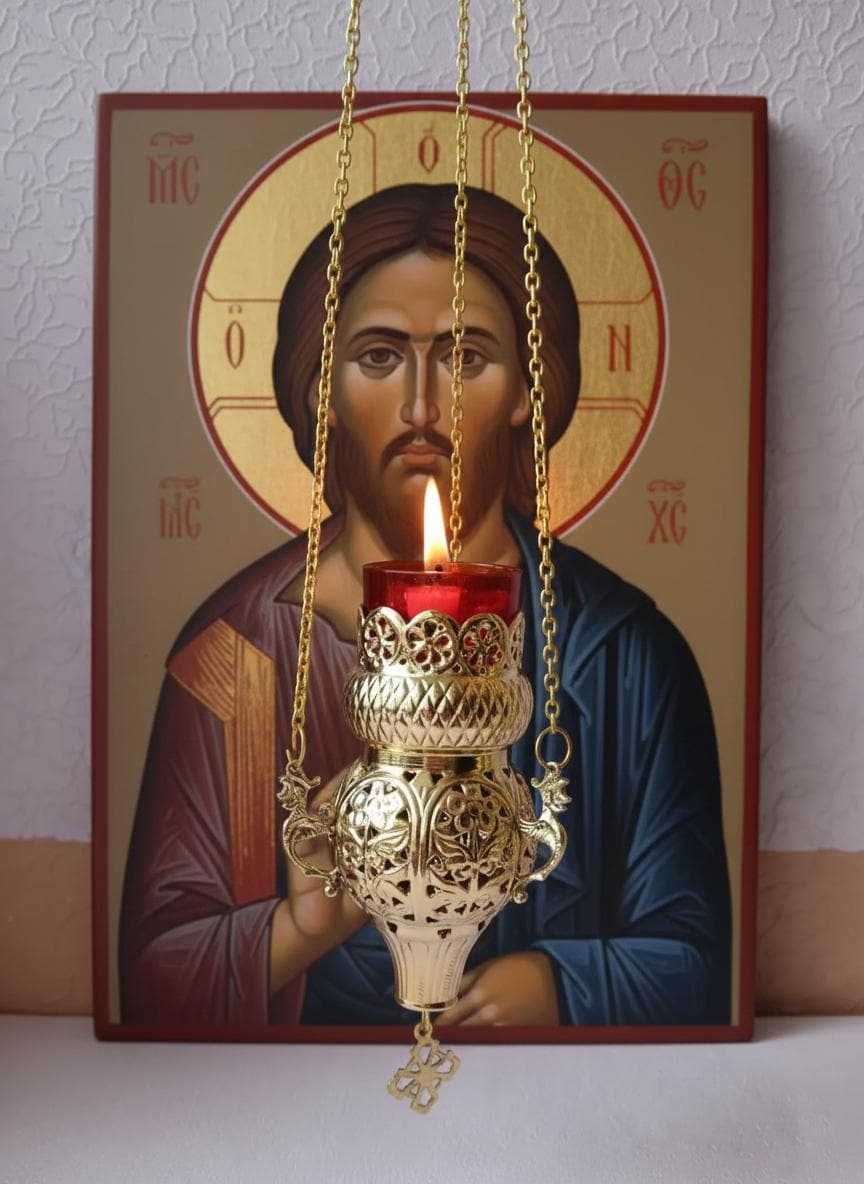 9.06 in Brass Hanging Lampada, Openwork Brass Hanging Oil Lamp, Greek Orthodox Lampada
