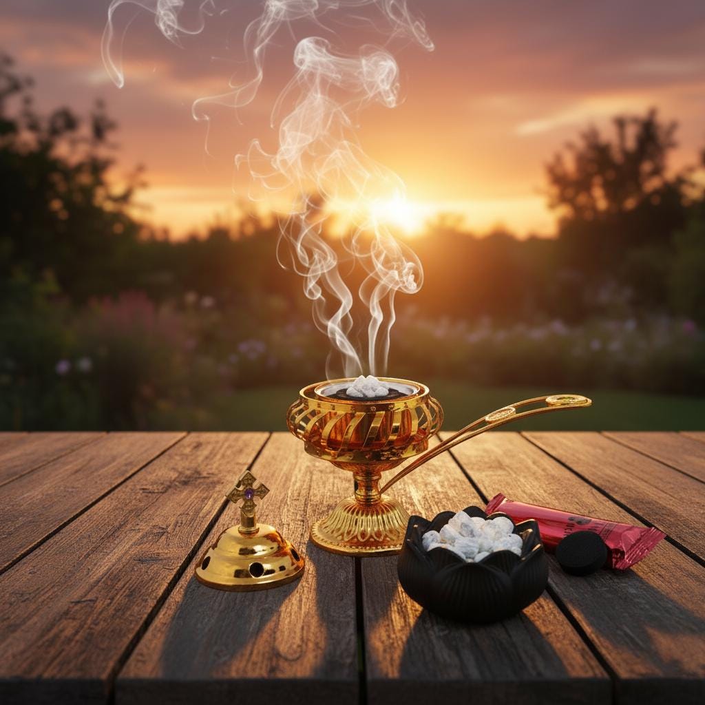 Orthodox Incense Burner Set: 5.5 inch Gold Metal Censer, 50g Frankincense, 6 Charcoal Tablets, Prayer Kit