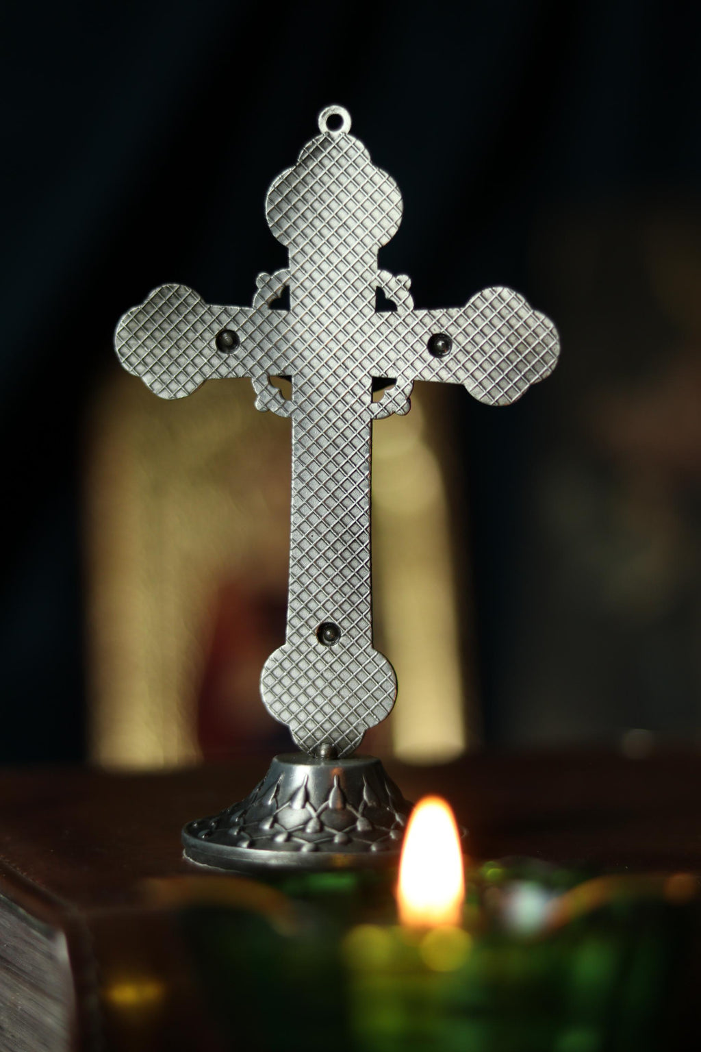 Metal Table Cross 3.5 in, Antique Silver Crucifix, Orthodox Cross, Christian Decor, Desk Cross, Religious Gift, Prayer Cross