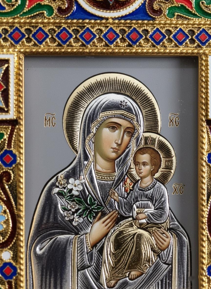 Icon Unfading Bloom Virgin Mary Metal Enamel Wood 4.5x3.1in