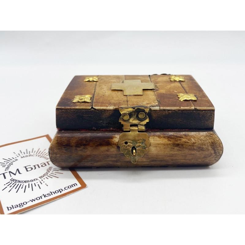Wooden Religious Box with Lock Velvet Lined, Small Case 3.5 in