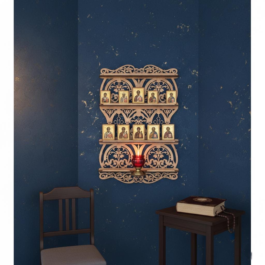33.5 in Wooden Icon Shelf, Orthodox Iconostasis, Prayer Corner Shelf, Christian Wall Altar