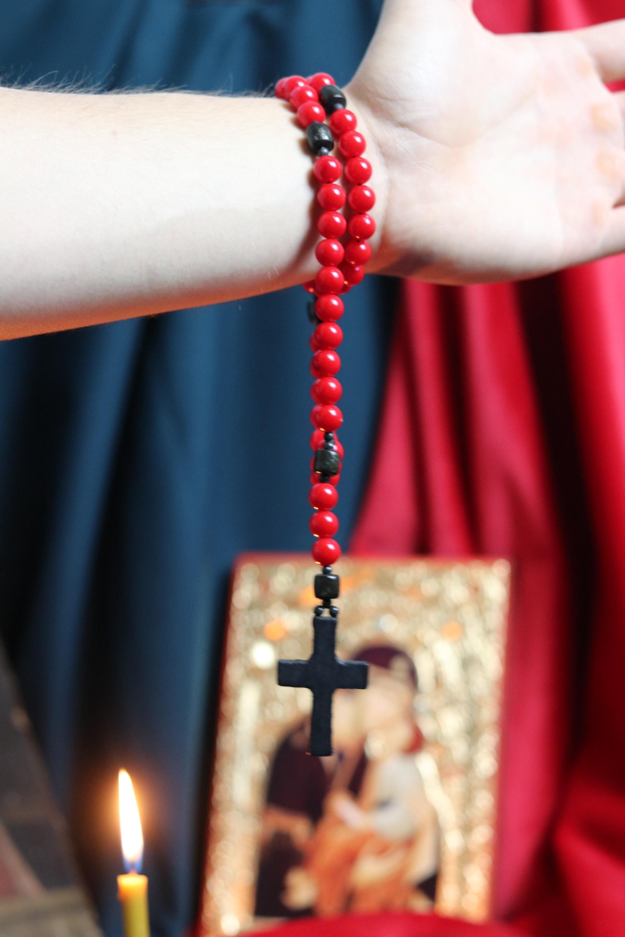 Orthodox Wooden Prayer Beads with Tassel – Handmade Black Wood Orthodox rosaries, Prayer beads, Orthodox prayer rope, Red komboskini