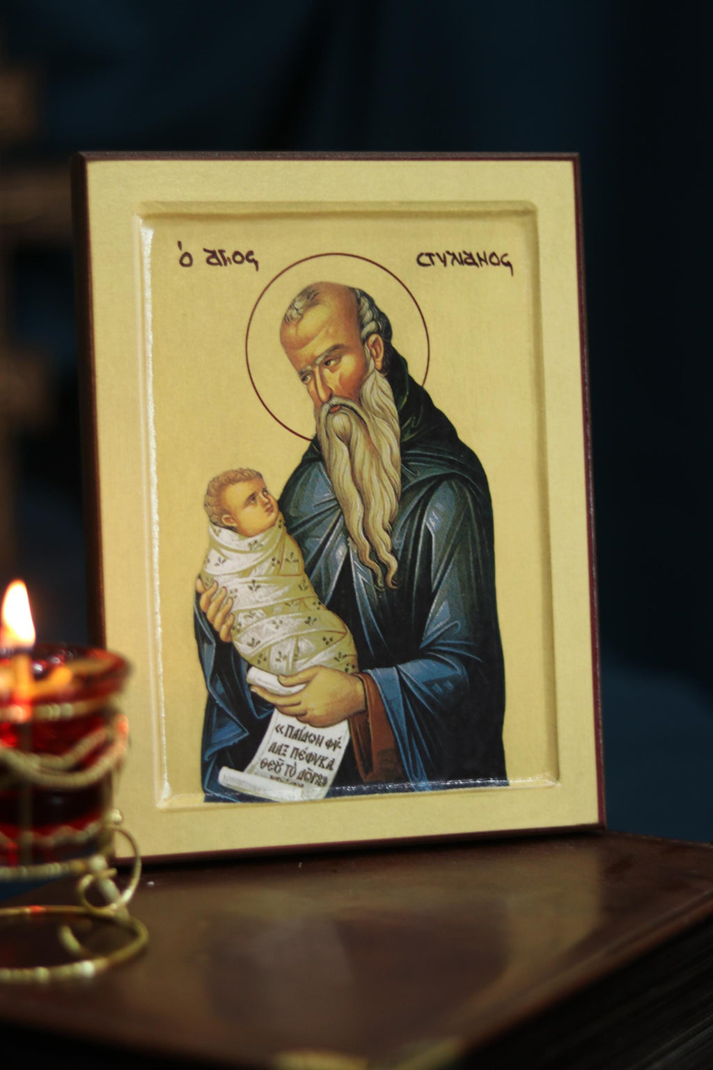 Saint Stylianos Orthodox Icon, Patron Saint of Children, Wooden Christian Wall