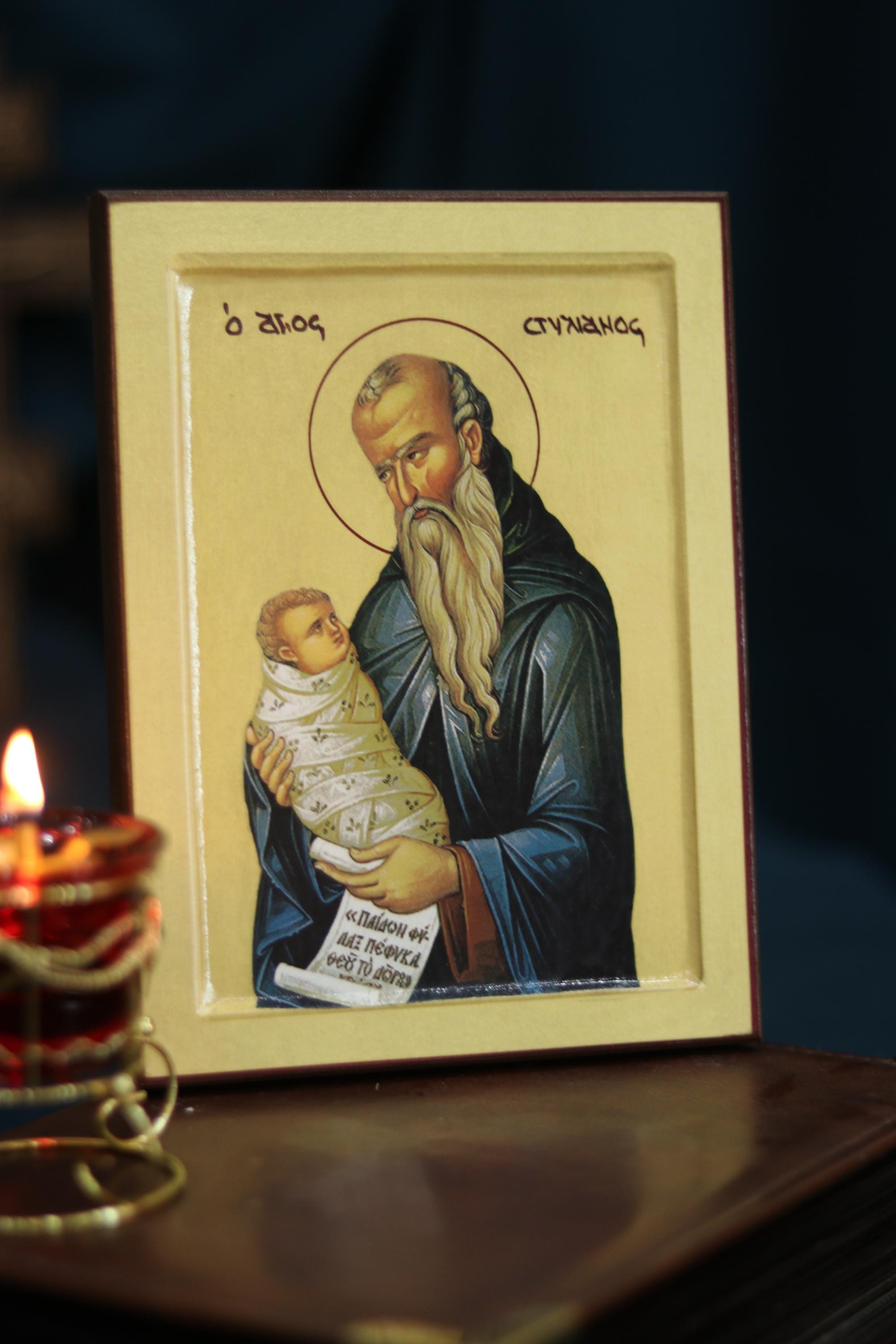 Saint Stylianos Orthodox Icon, Patron Saint of Children, Wooden Christian Wall