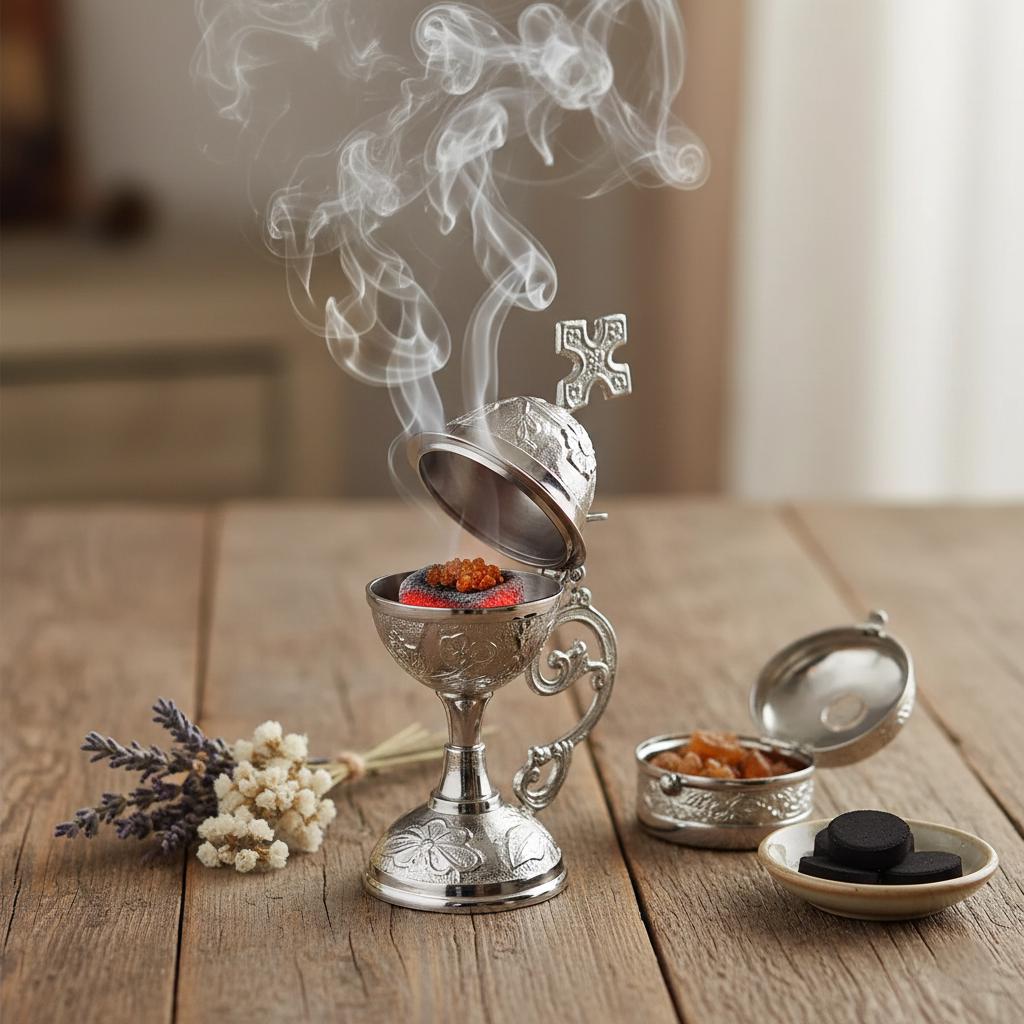 Orthodox Prayer Set: 5.5 in × 3.1 inch gold metal censer, 50 grams of incense, 6 charcoal tablets.