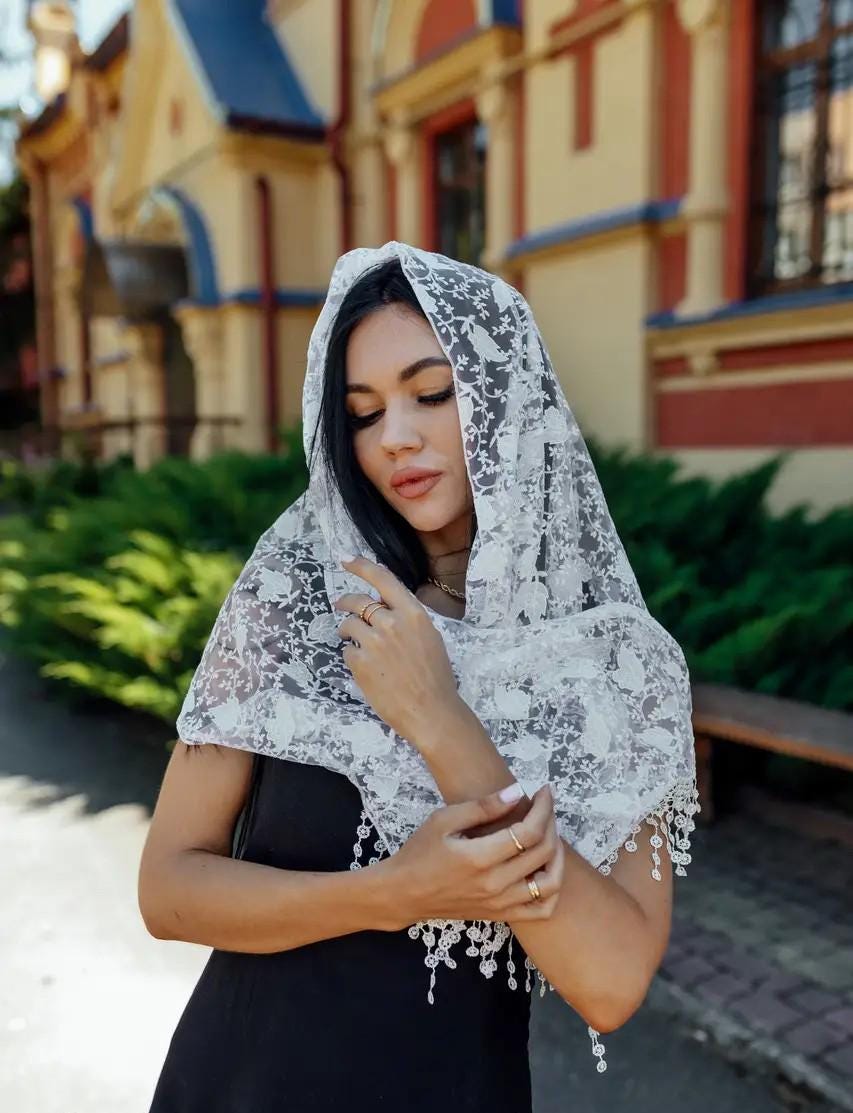 White Chiffon Women Scarf, 61x20 Inch, Floral Lightweight Shawl, Elegant Summer Scarf