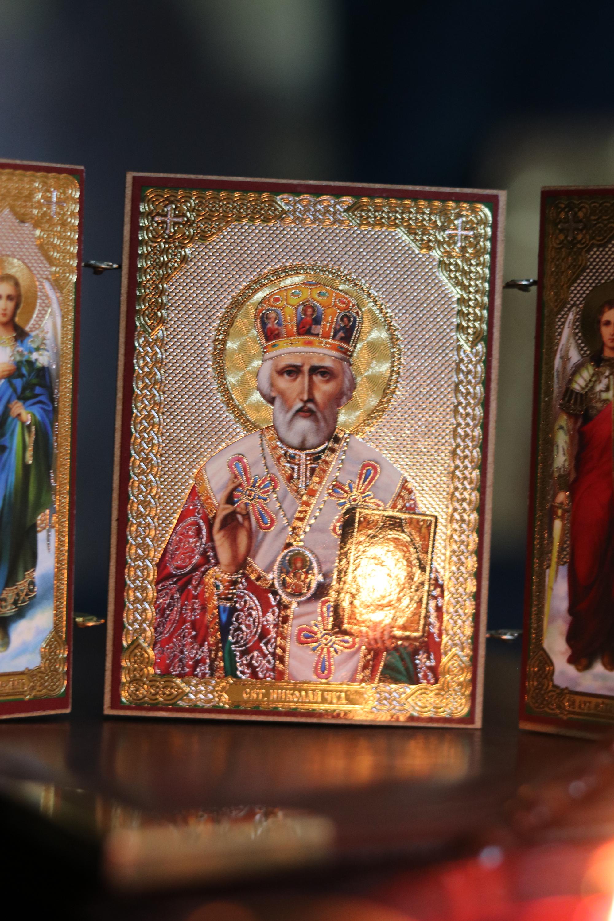 Wooden Orthodox Triptych Icon 3.5in, Saint Nicholas Icon, Travel Folding Icon