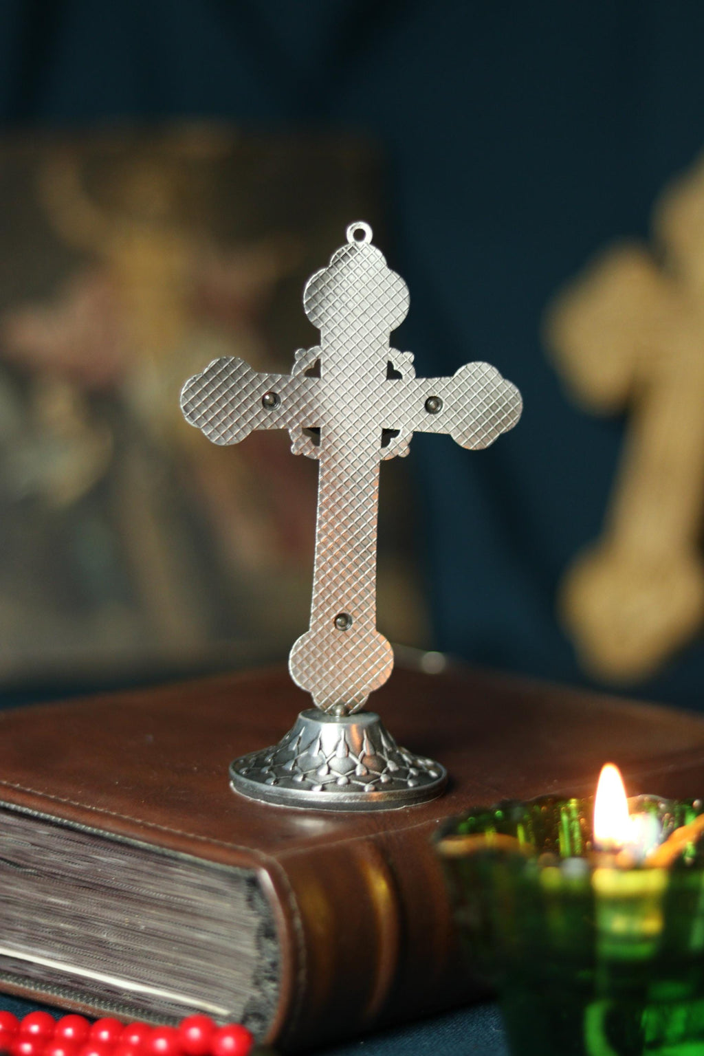 Metal Table Cross 3.5 in, Antique Silver Crucifix, Orthodox Cross, Christian Decor, Desk Cross, Religious Gift, Prayer Cross