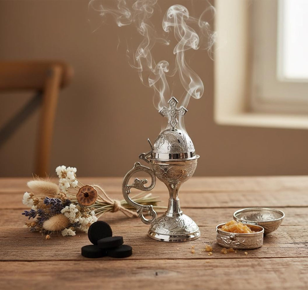 Orthodox Prayer Set: 5.5 in × 3.1 inch gold metal censer, 50 grams of incense, 6 charcoal tablets.