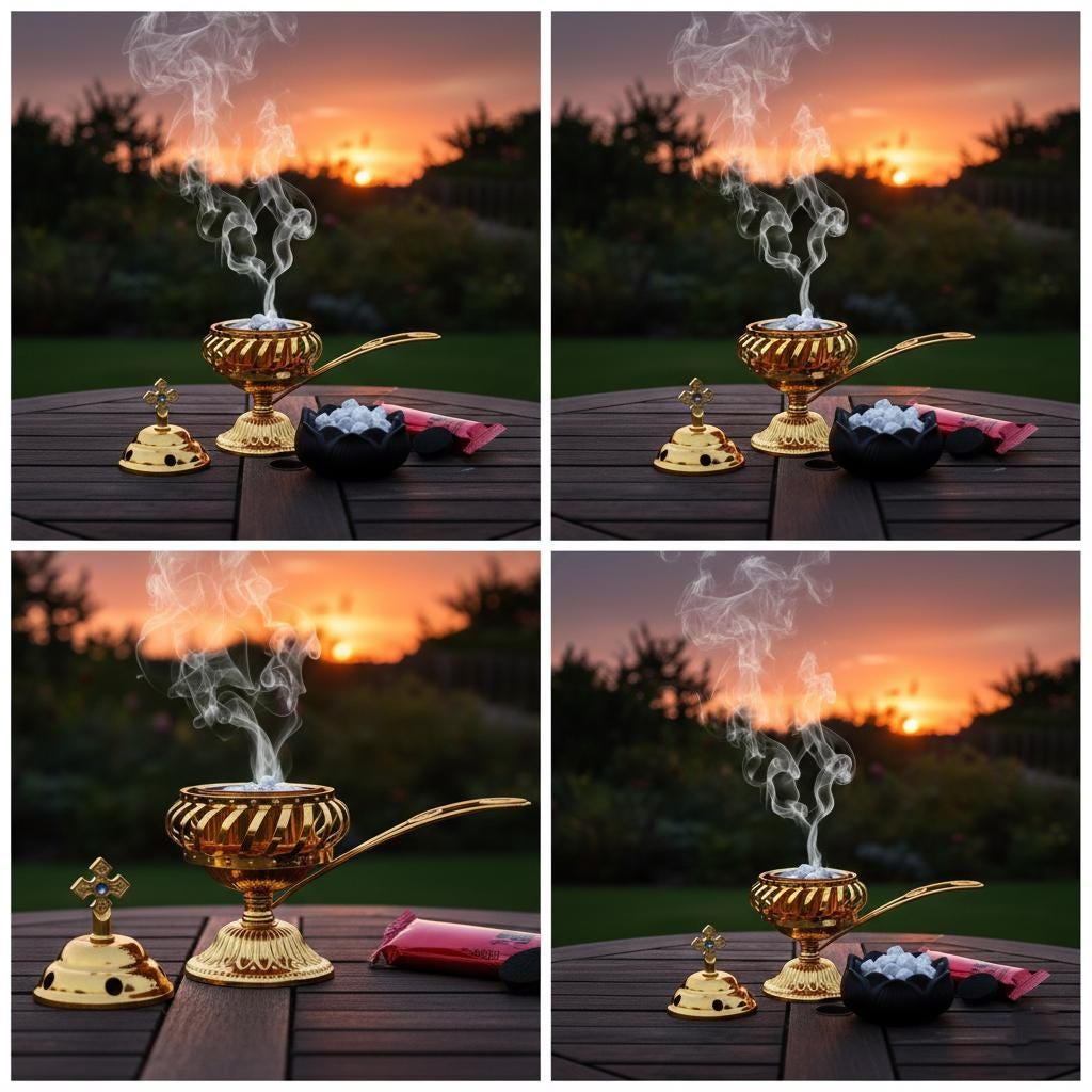 Orthodox Incense Burner Set: 5.5 inch Gold Metal Censer, 50g Frankincense, 6 Charcoal Tablets, Prayer Kit
