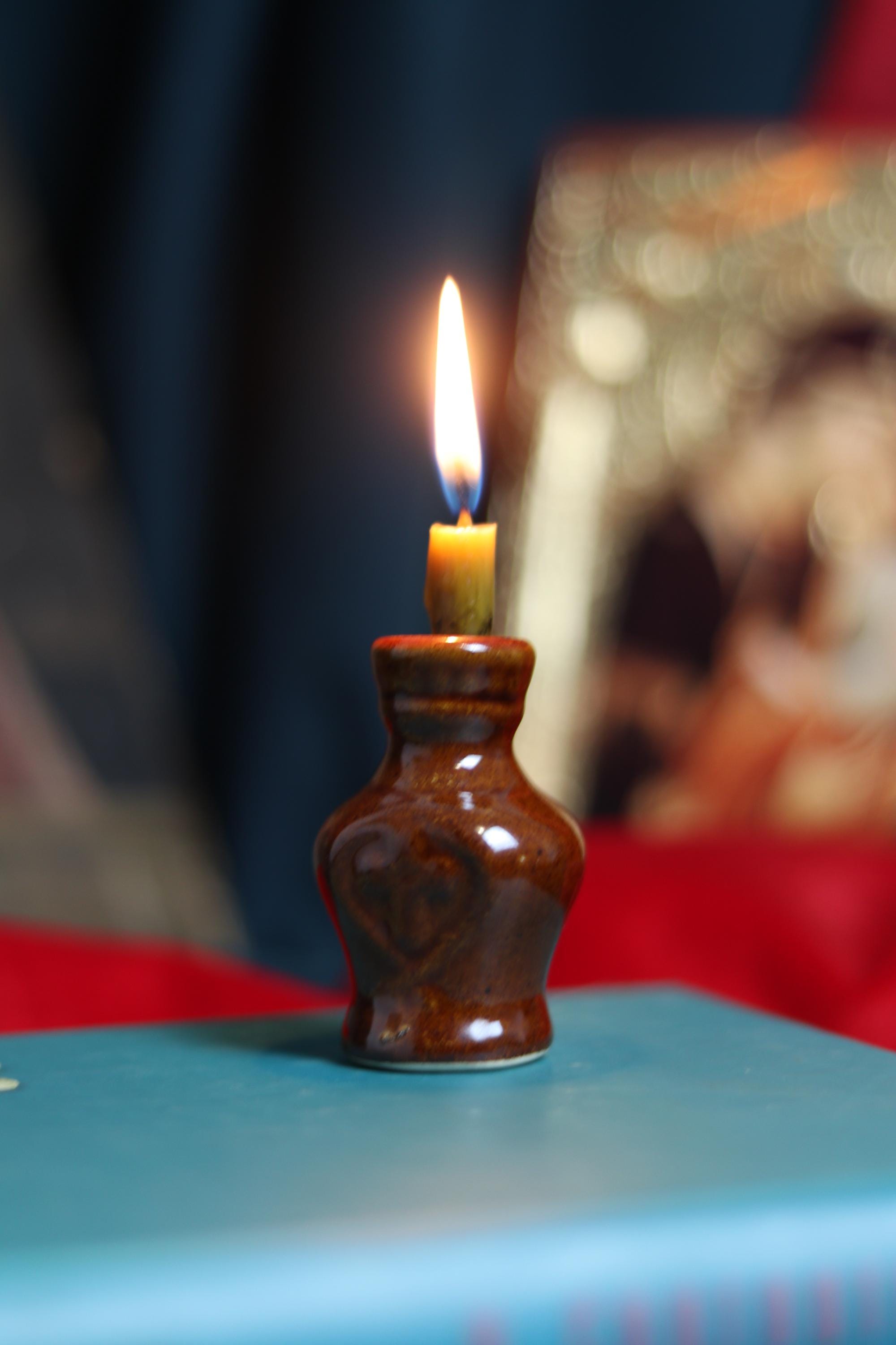 Handmade Ceramic Candle Holder – 7cm Unique Brown Pottery – Rustic Home Decor, Orthodox candlestick, Ceramic candlestick