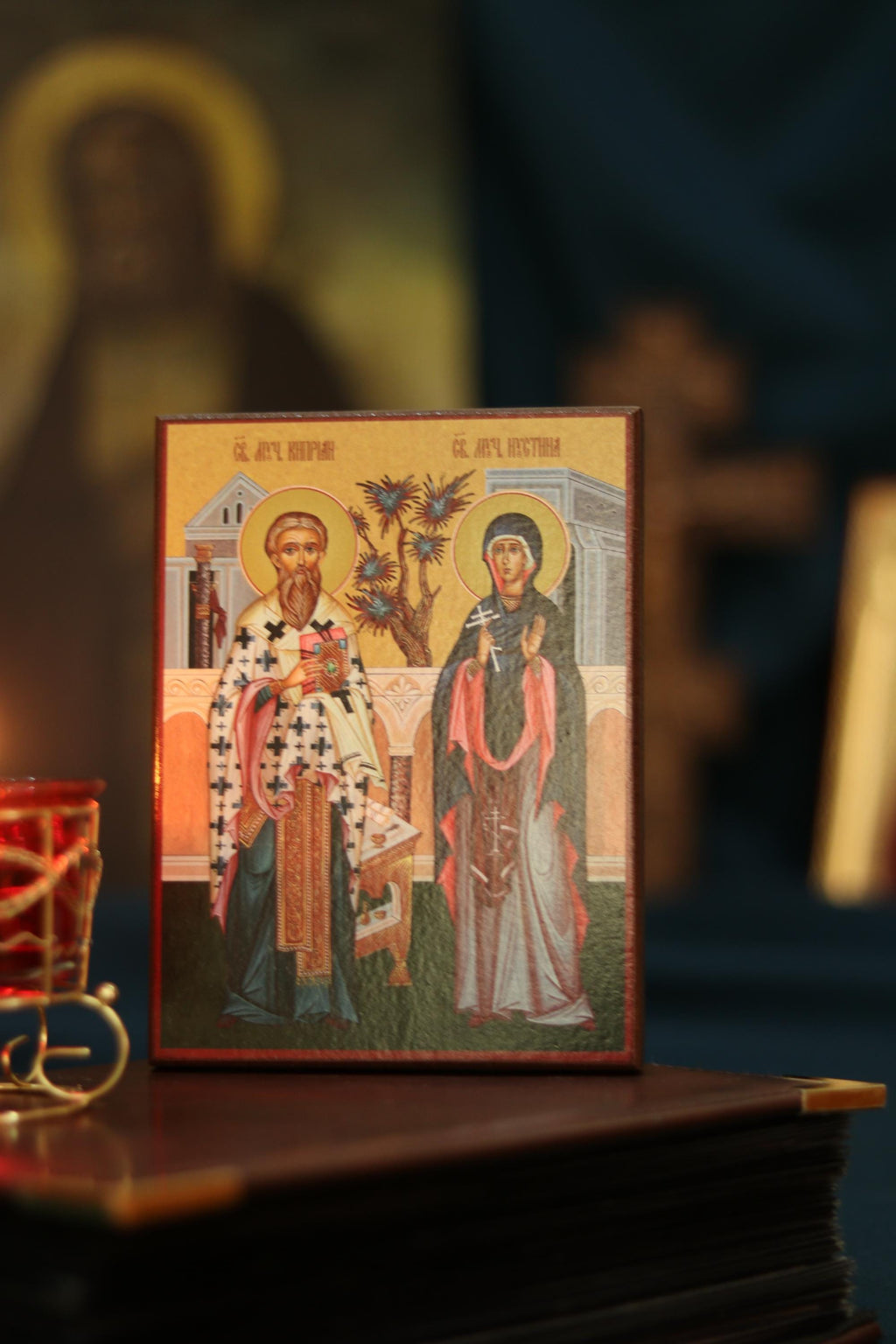 Wooden Orthodox Icon 6.3x4.7 in Saints Cyprian and Justina, Home Altar Decor, Christian Gift