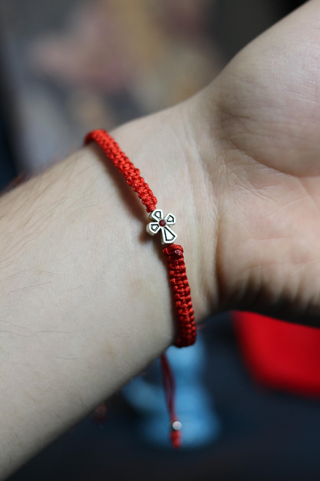 Red Cord Cross Bracelet – Adjustable Christian Bracelet with Silver-Tone Cross and Beads, Faith Jewelry Gift