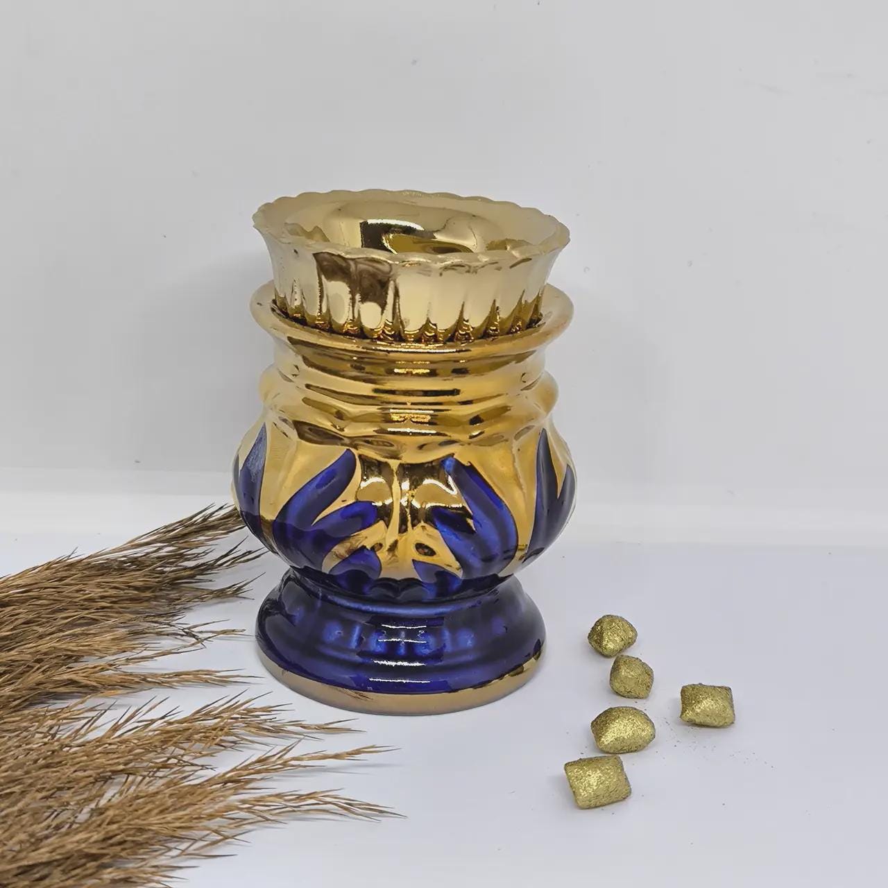 Orthodox Oil Lamp 3.7 in, Blue Ceramic Lampada with Glass Cup, Christian Prayer Lamp, Icon Lamp for Home Altar