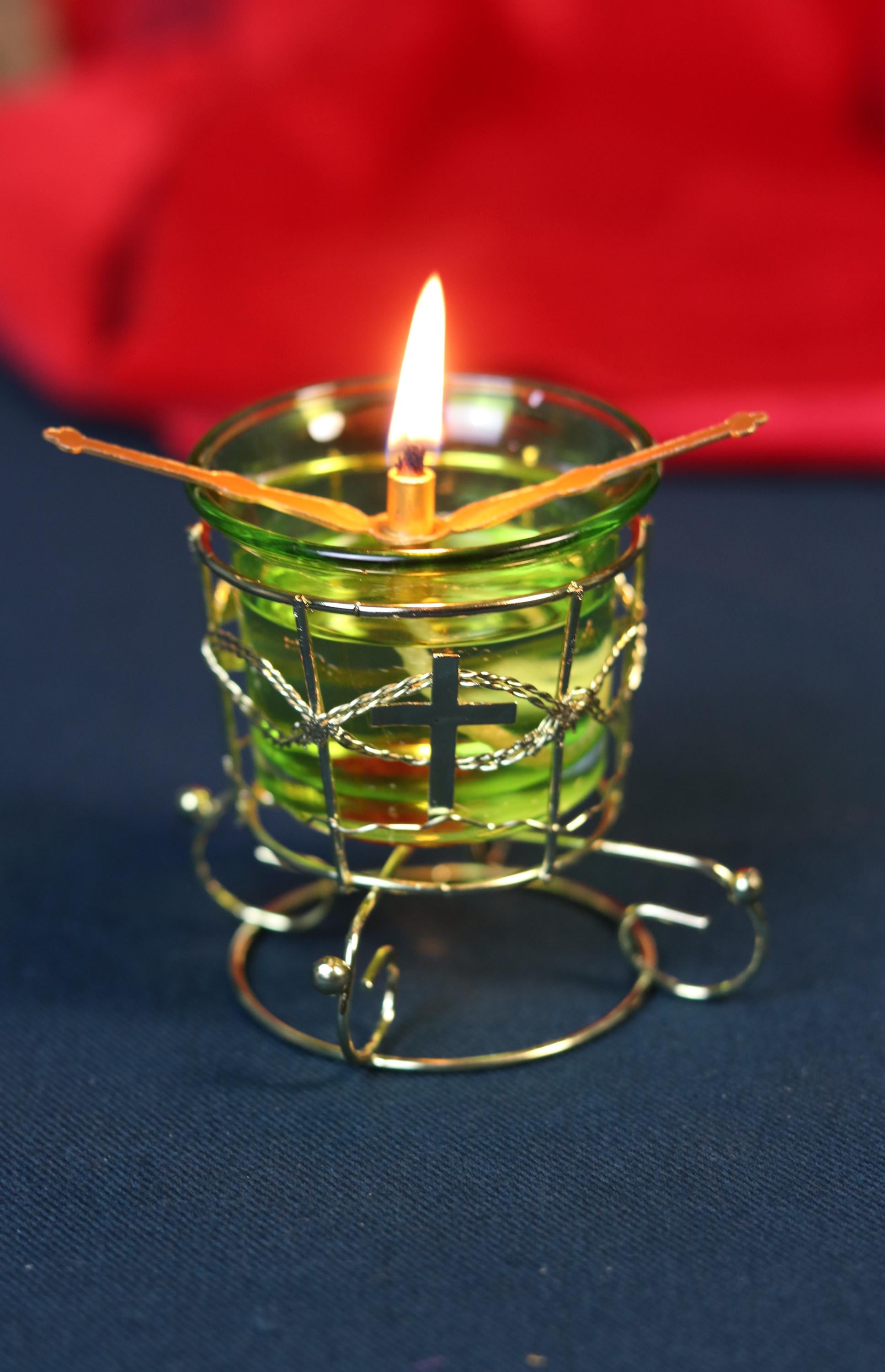 Green Glass Oil Lamp in Metal Stand 2in  – Orthodox Candle Holder for Prayer, Aromatherapy, Altar Decor, Christian Gift, Orthodox prayer