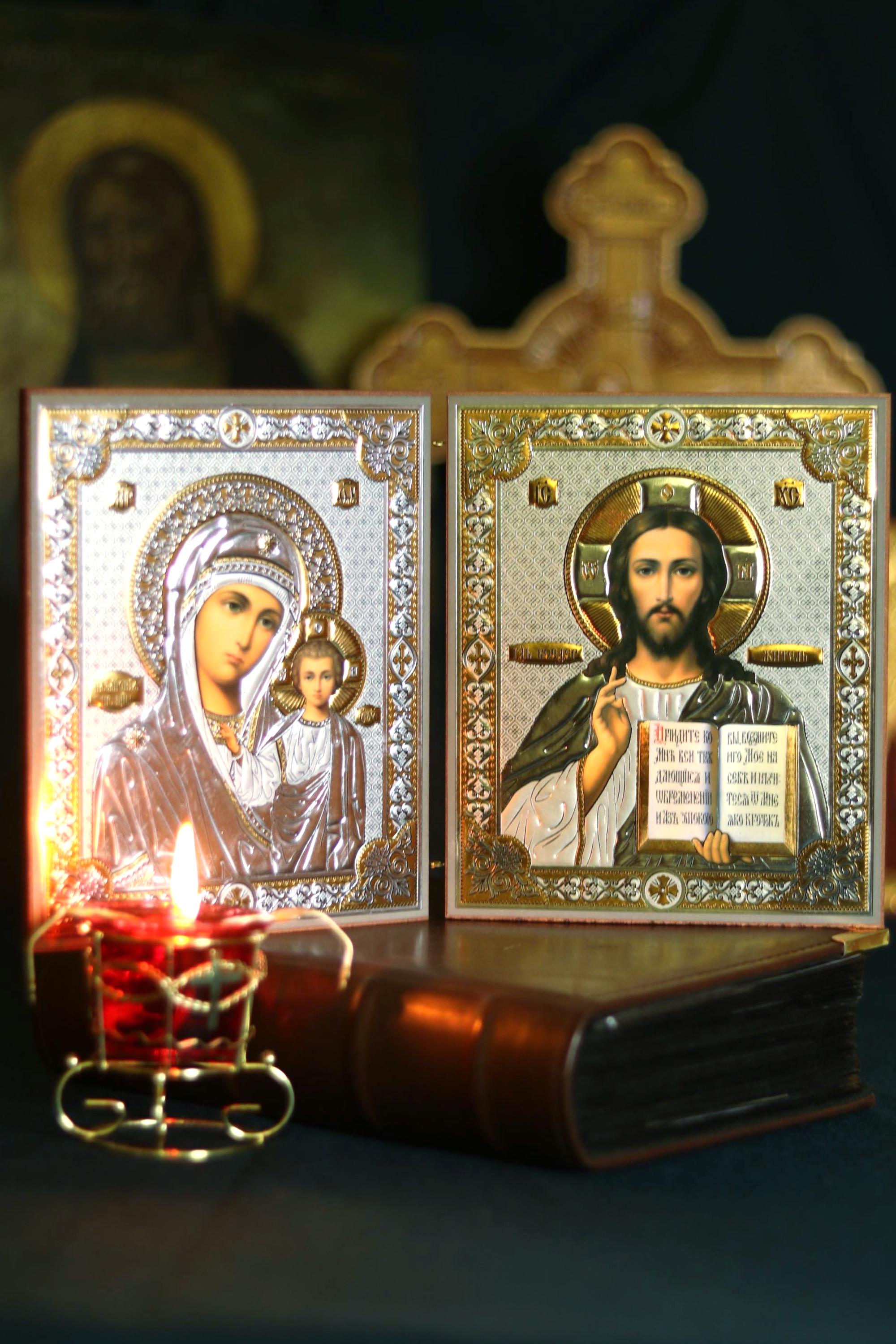 Mother of God Kazan and Savior Diptych Wooden Orthodox Icon 4.7in