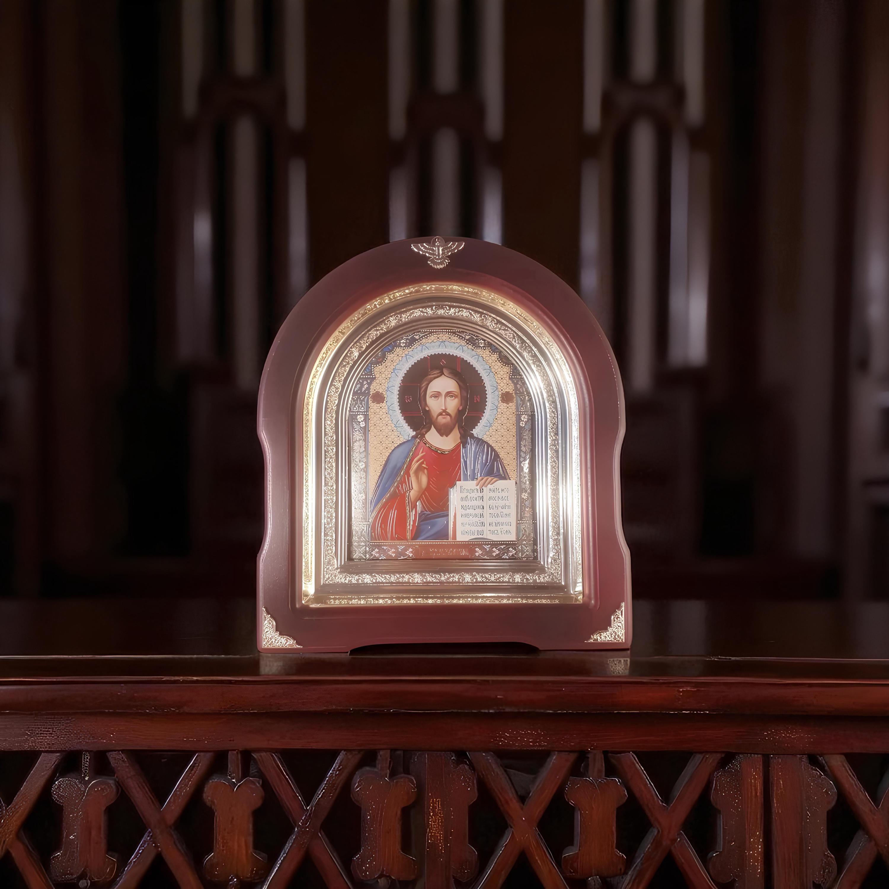 Orthodox icon of Jesus Christ in a wooden frame, 21х24 cm, Arch Wooden icon, Icon under glass, Icon Orthodoxy Jesus Christ King.