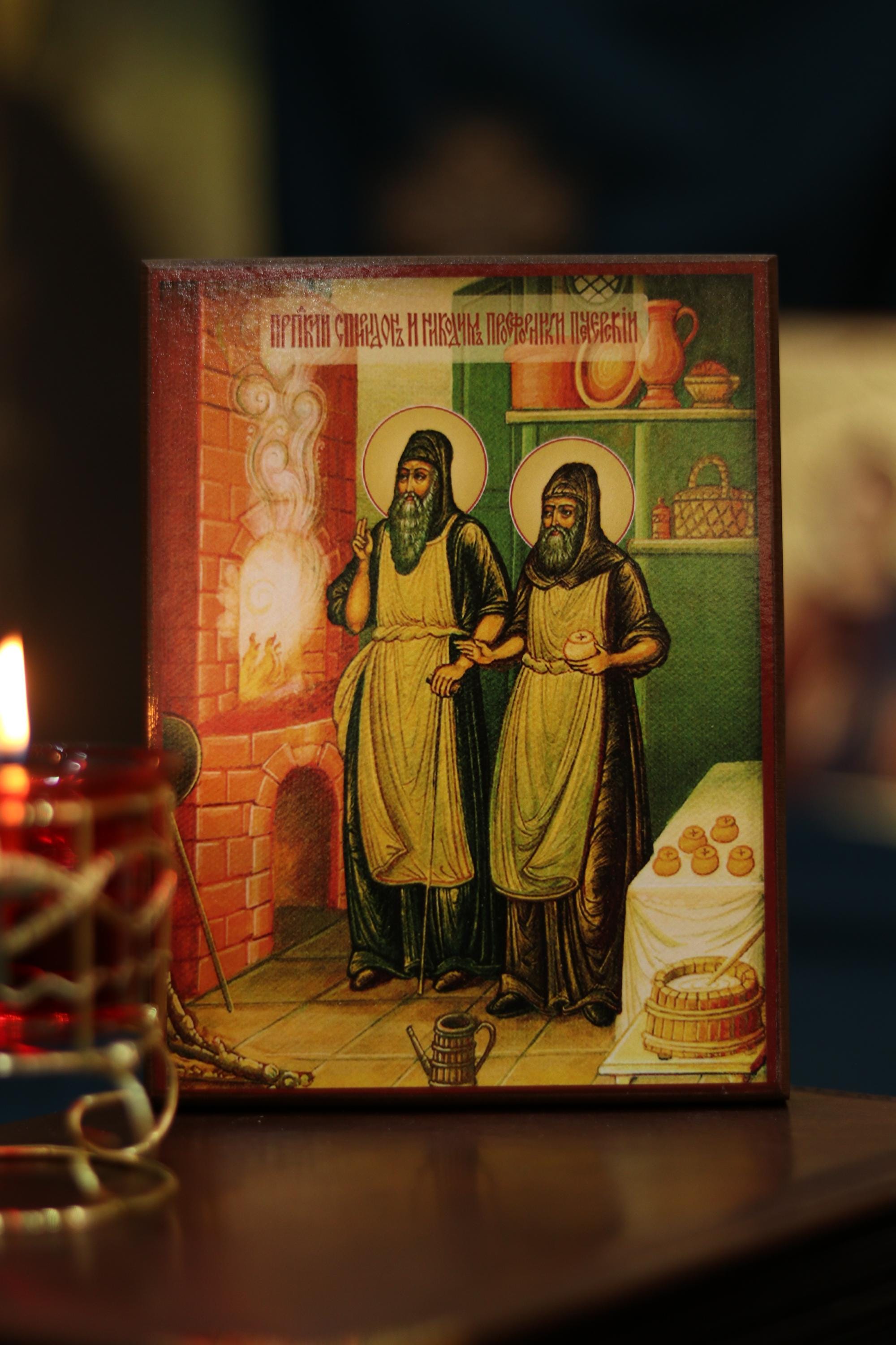 Saints Spyridon Nicodemus Icon Wooden Orthodox Icon 7.9x5.9in Art