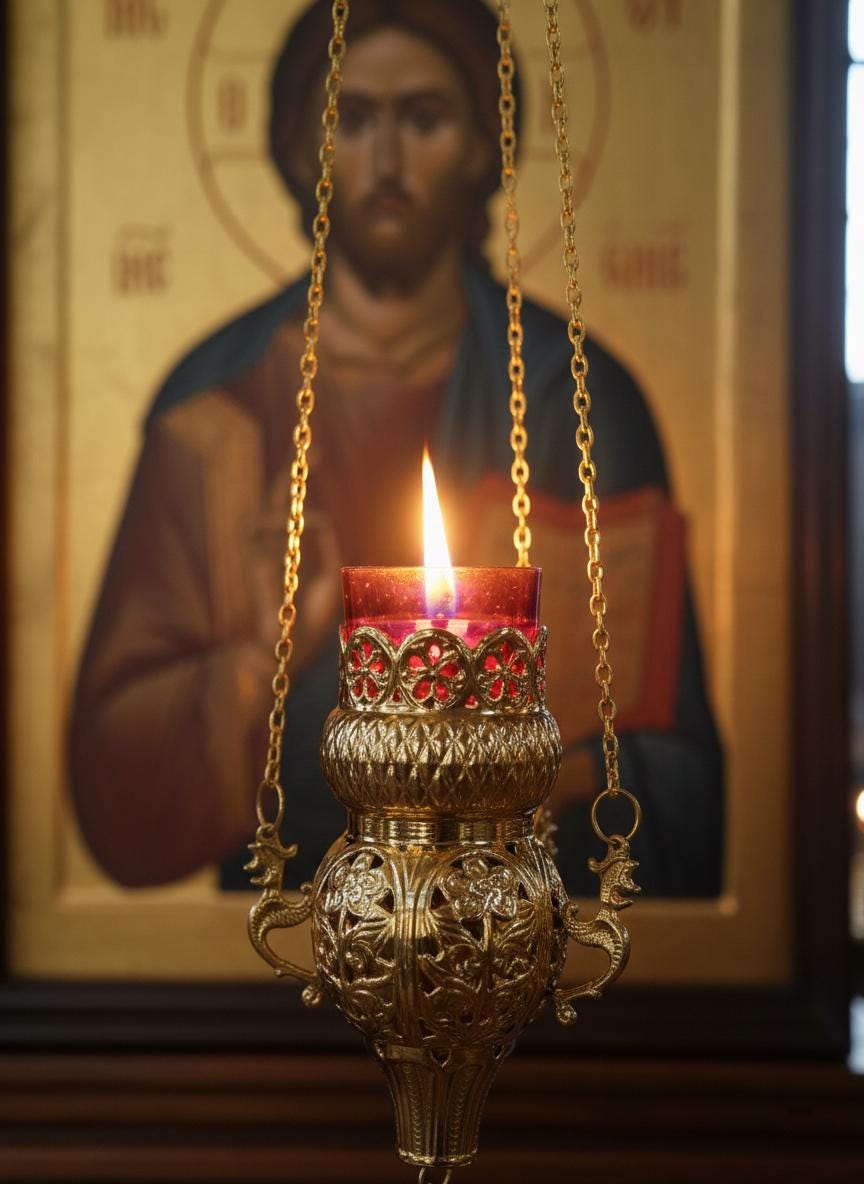9.06 in Brass Hanging Lampada, Openwork Brass Hanging Oil Lamp, Greek Orthodox Lampada