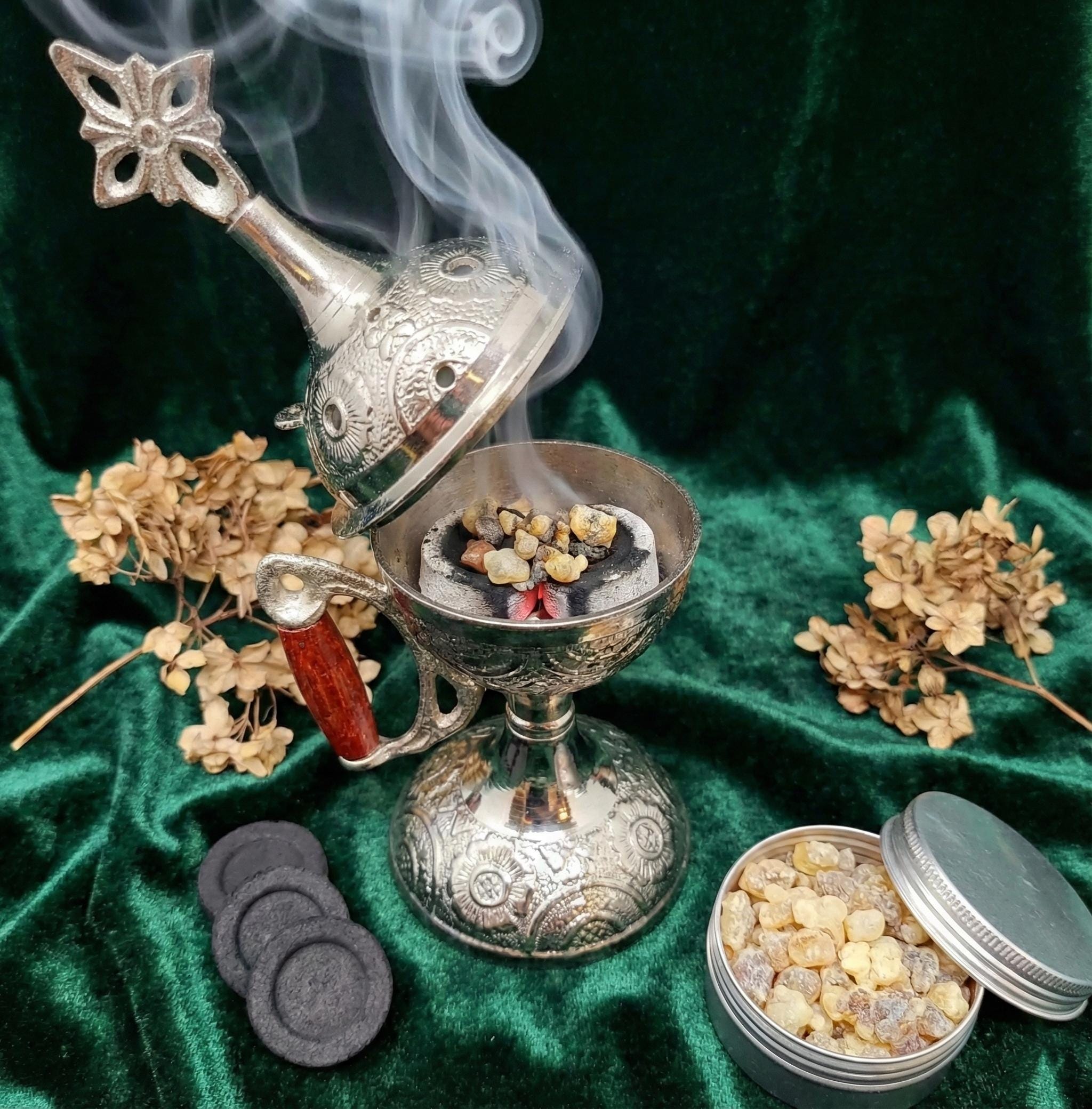 Greek Metal Censer Set, 14cm Incense Burner with 50g Frankincense & Charcoal.